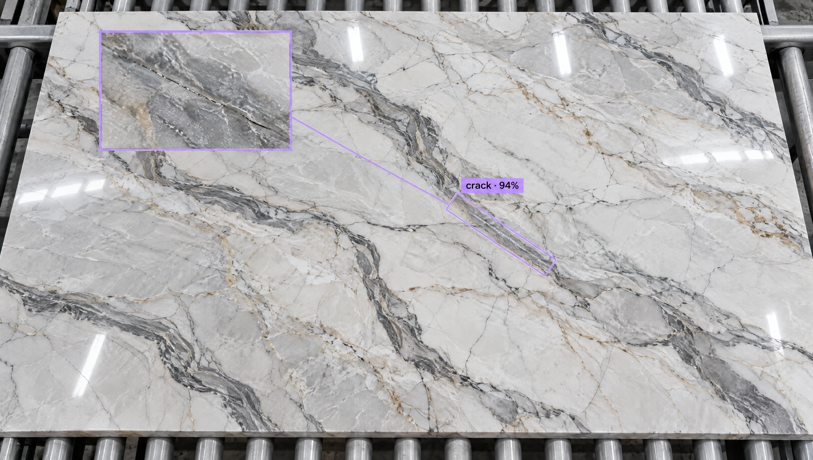 White marble slab on rollers with AI detection highlighting a crack (94% confidence) and a magnified inset.