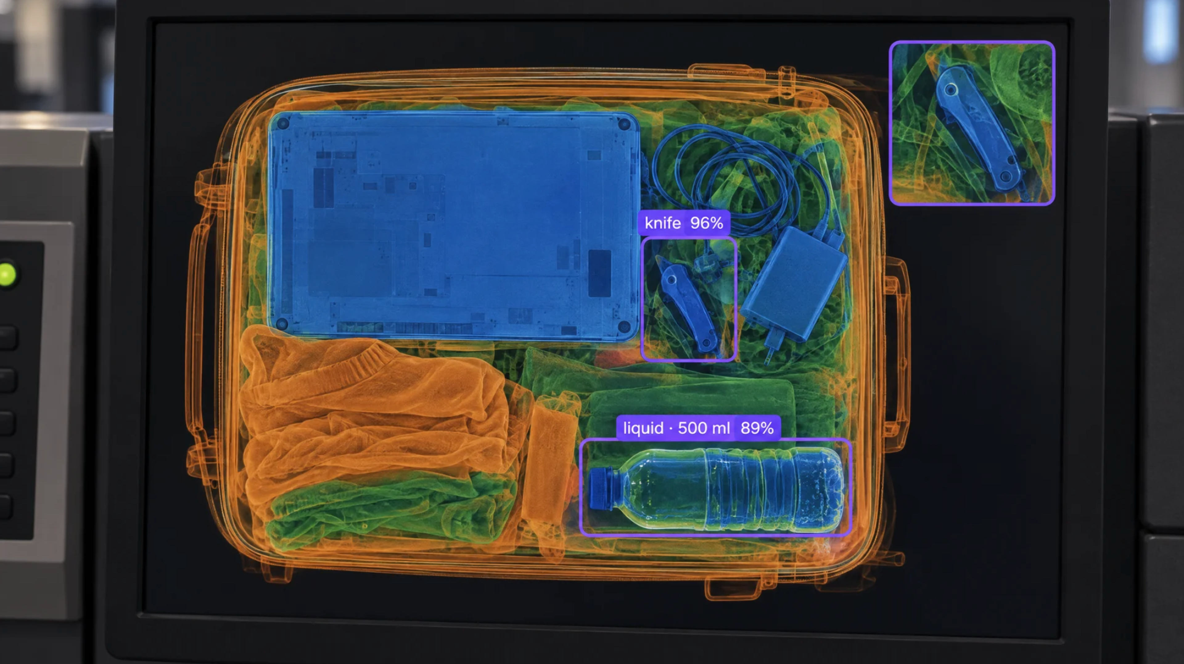 X-ray scan of a suitcase on a monitor, with AI detection highlighting a knife and a bottle of liquid.