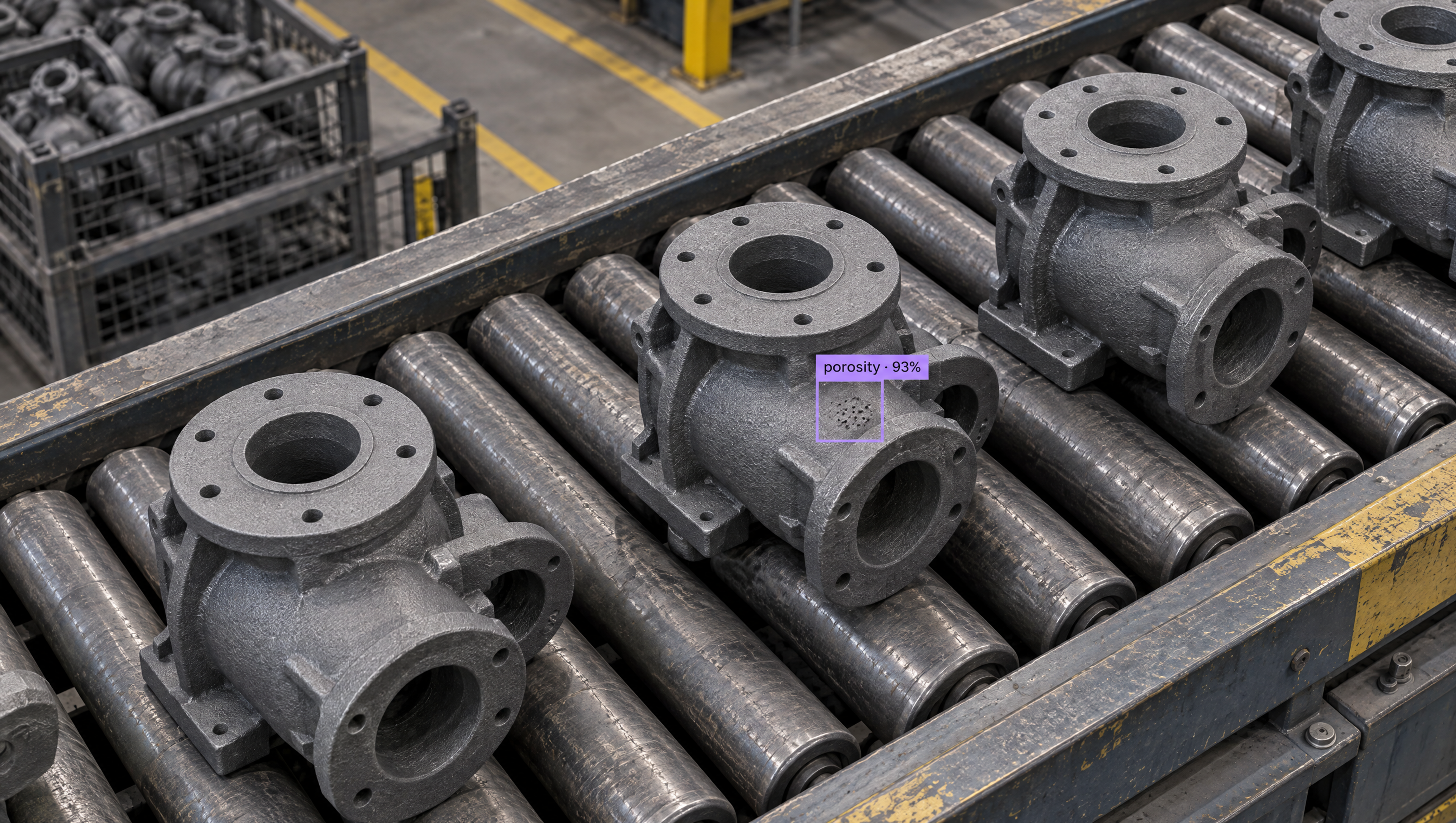 Industrial castings on a factory conveyor belt, with an AI detection box showing "porosity - 93%" on one casting.