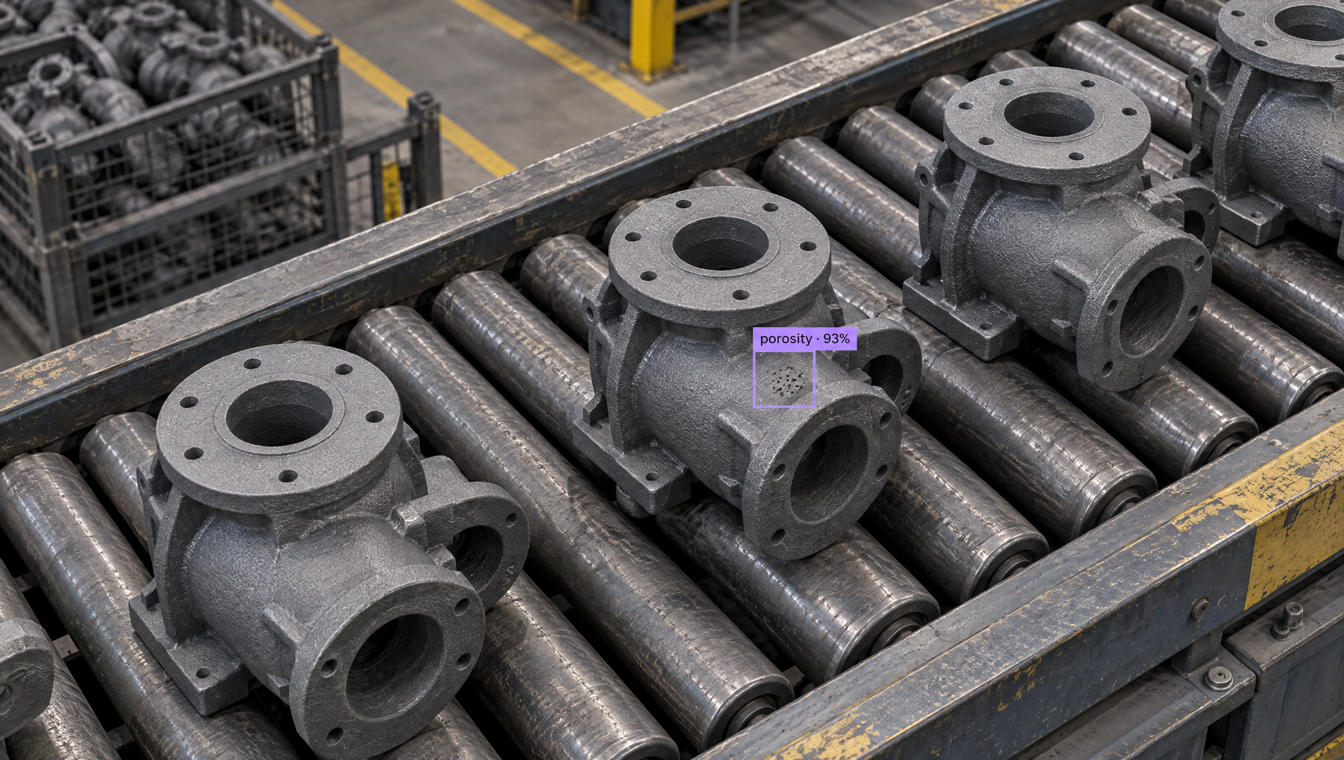 Industrial castings on a factory conveyor belt, with an AI detection box showing "porosity - 93%" on one casting.