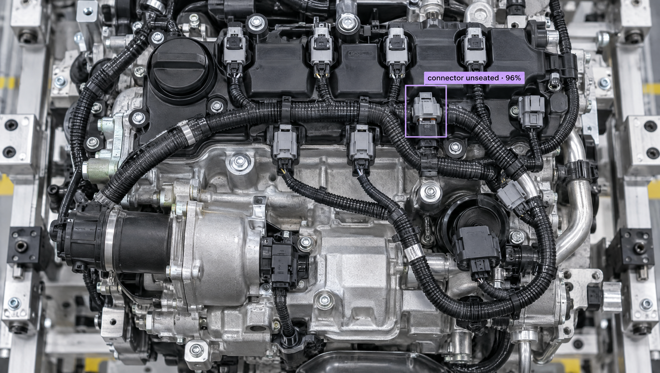 Car engine with an AI overlay highlighting an unseated connector.