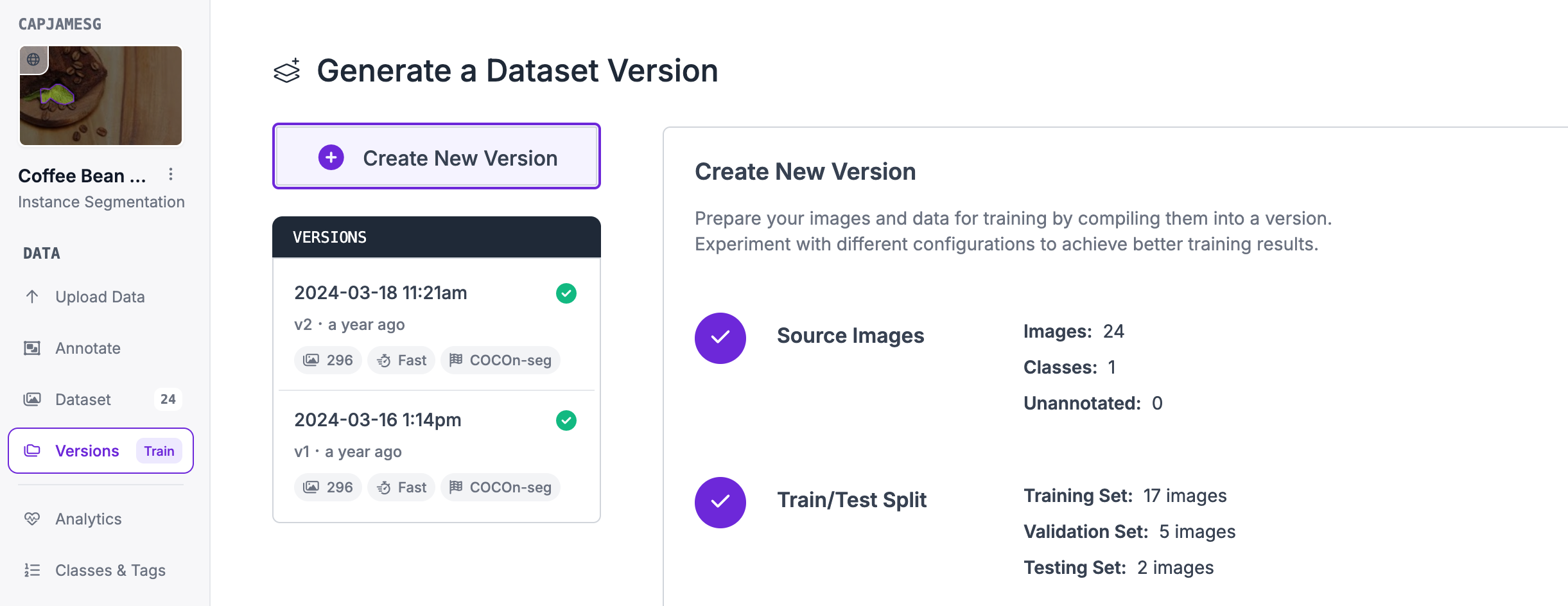 Roboflow's Generate a Dataset Version page, showing the source images and train/test split for a new version