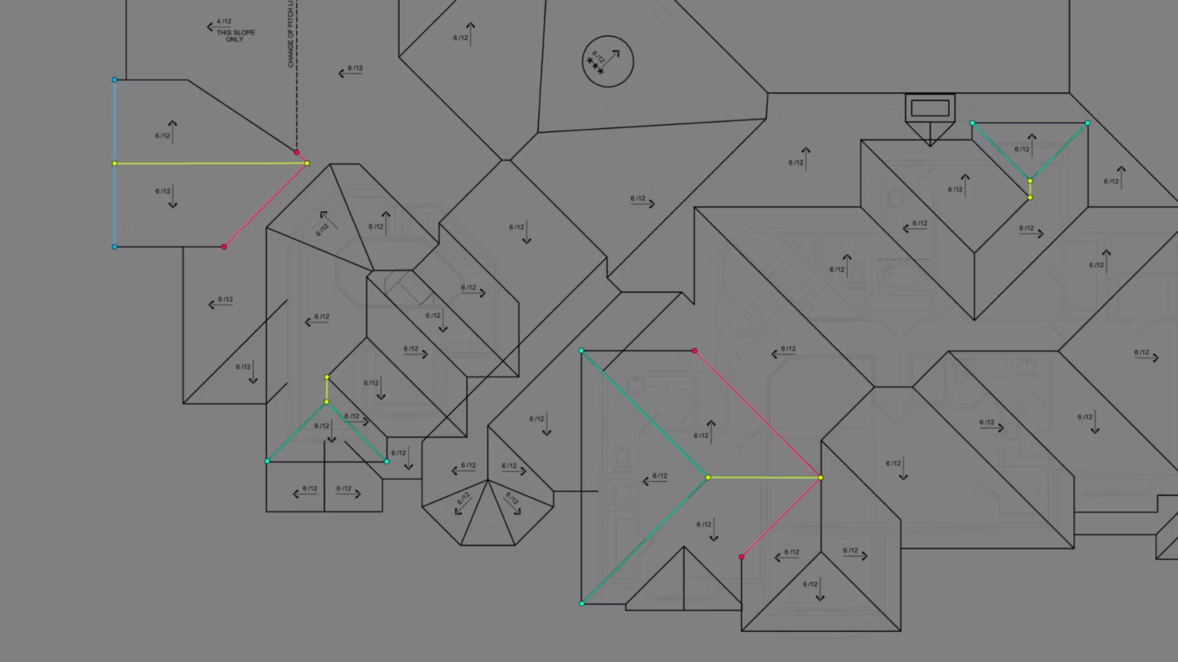Roof plan drawing with every facet outlined and the ridge, hip and valley lines picked out in color, each slope annotated with its pitch.