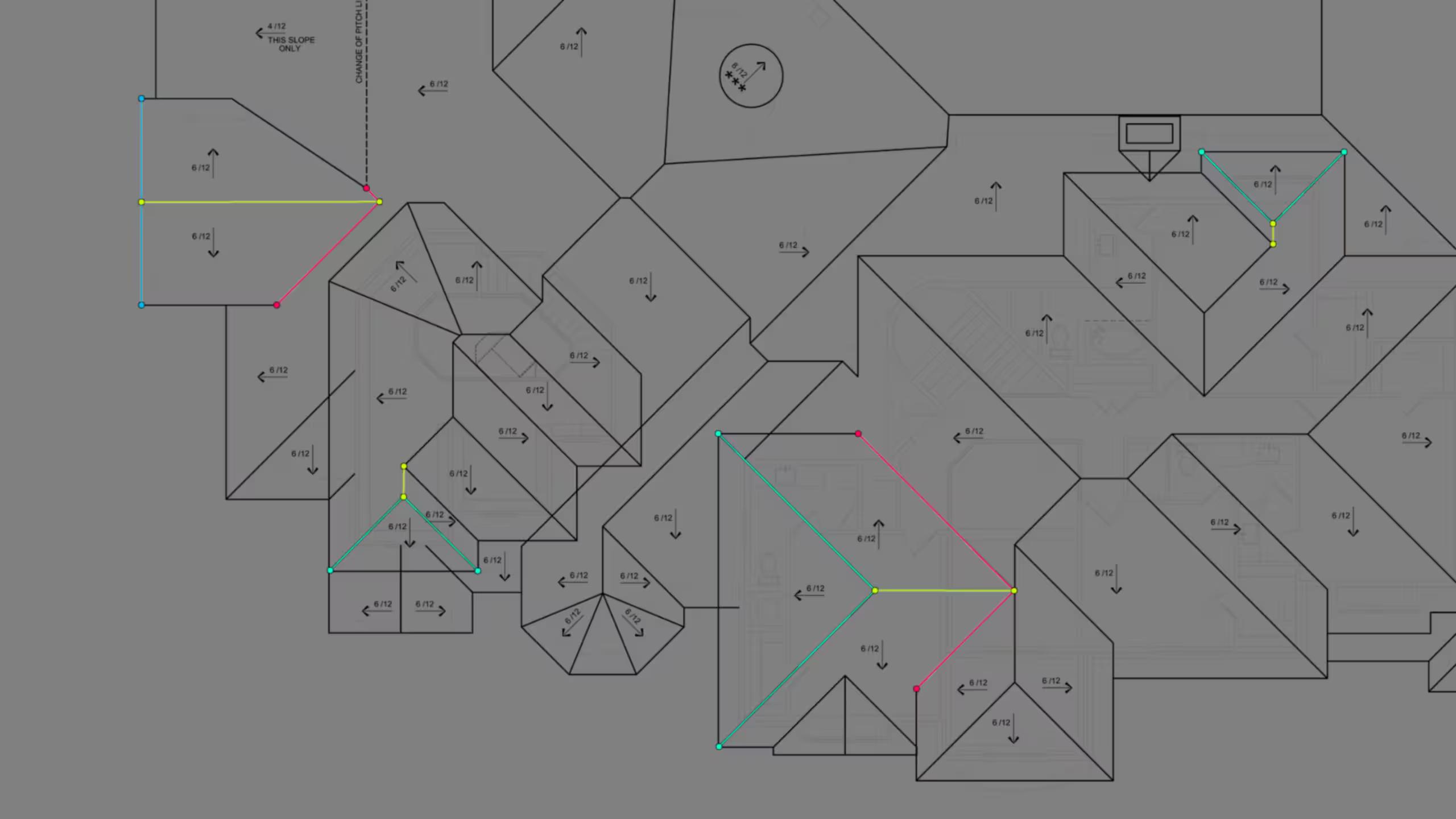 Roof plan drawing with every facet outlined and the ridge, hip and valley lines picked out in color, each slope annotated with its pitch.