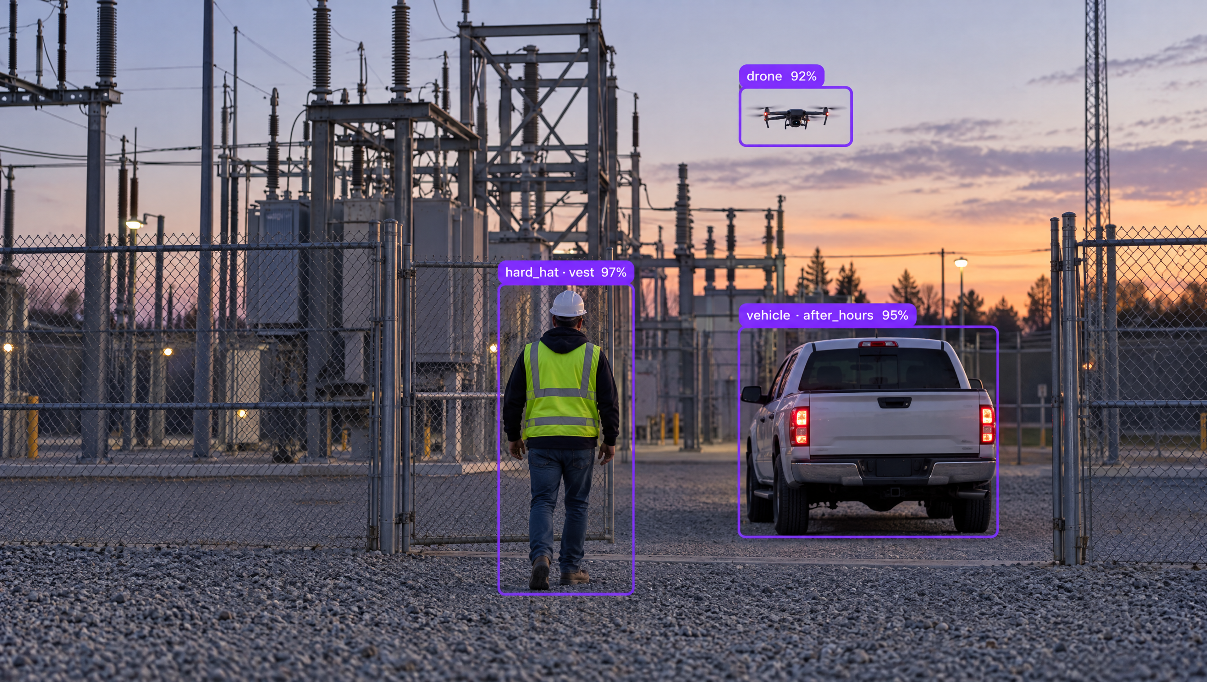 An object detection system at a power substation at dusk identifying a worker, a pickup truck, and a drone with bounding boxes, labels, and confidence percentages.