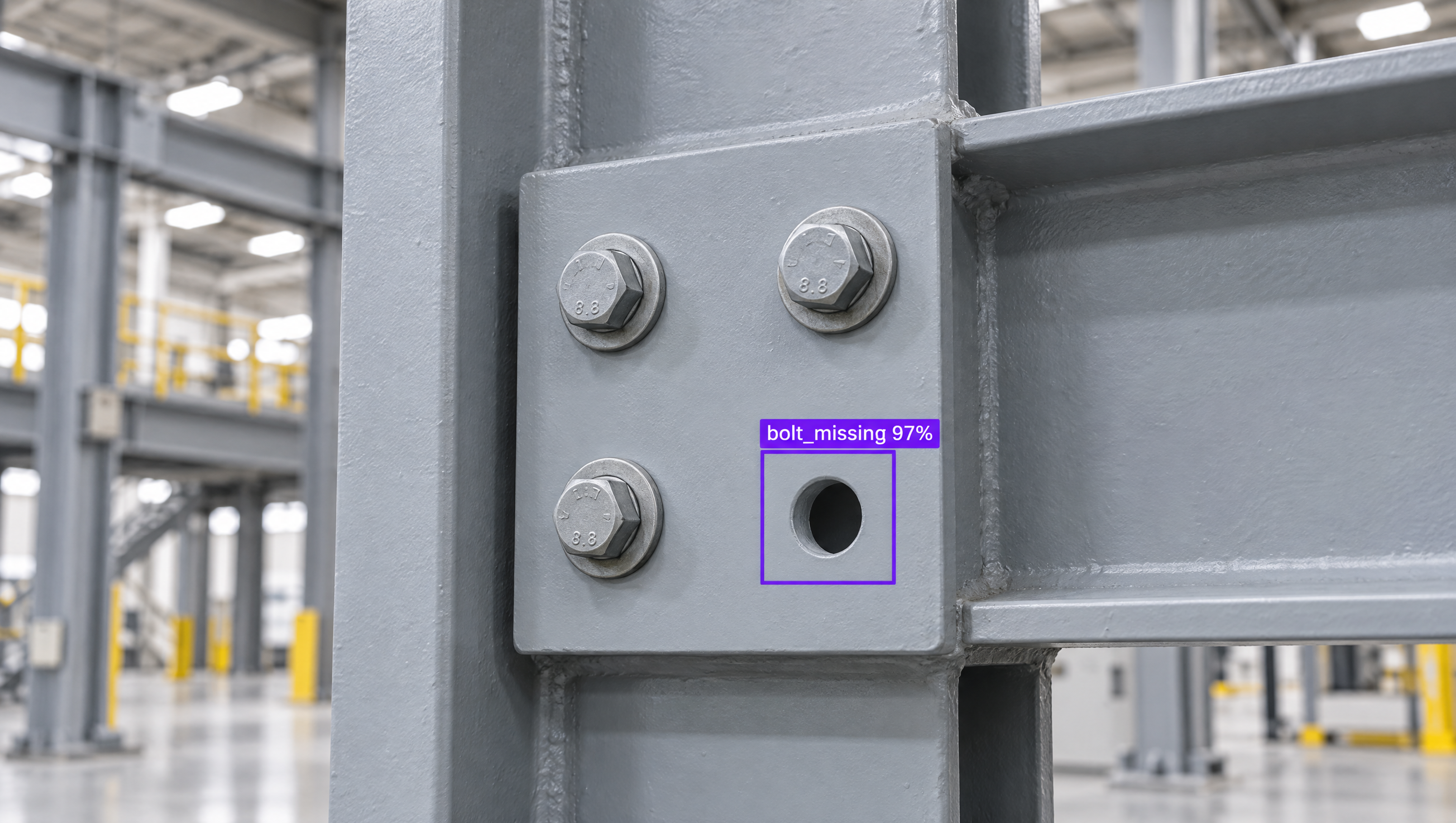 Gray steel beam connection with three bolts and one missing bolt, labeled "bolt_missing 97%" by AI.