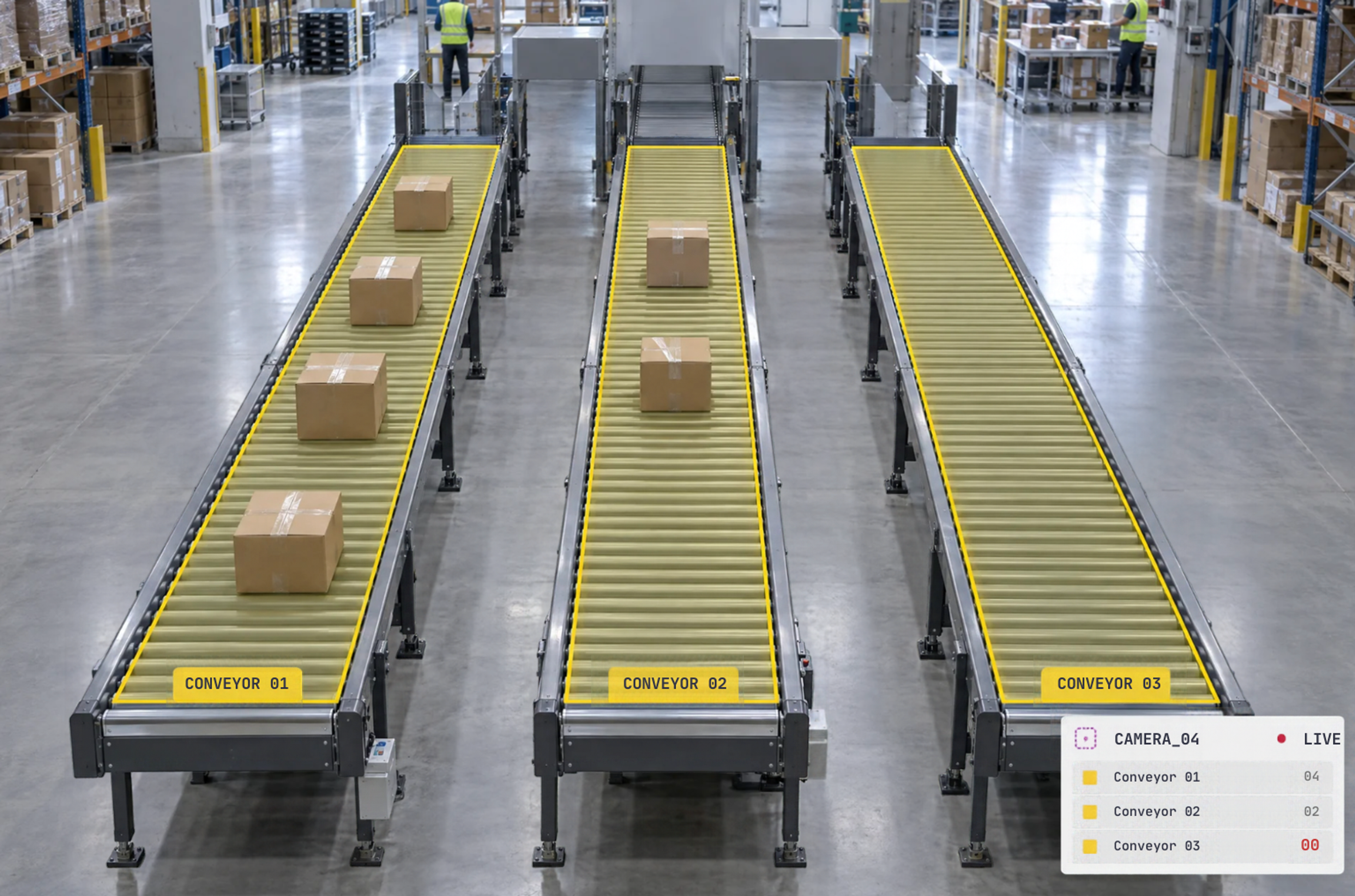 Three roller conveyors in a warehouse, two carrying cardboard boxes, overlaid with digital labels 'Conveyor 01', '02', '03' and live monitoring data.