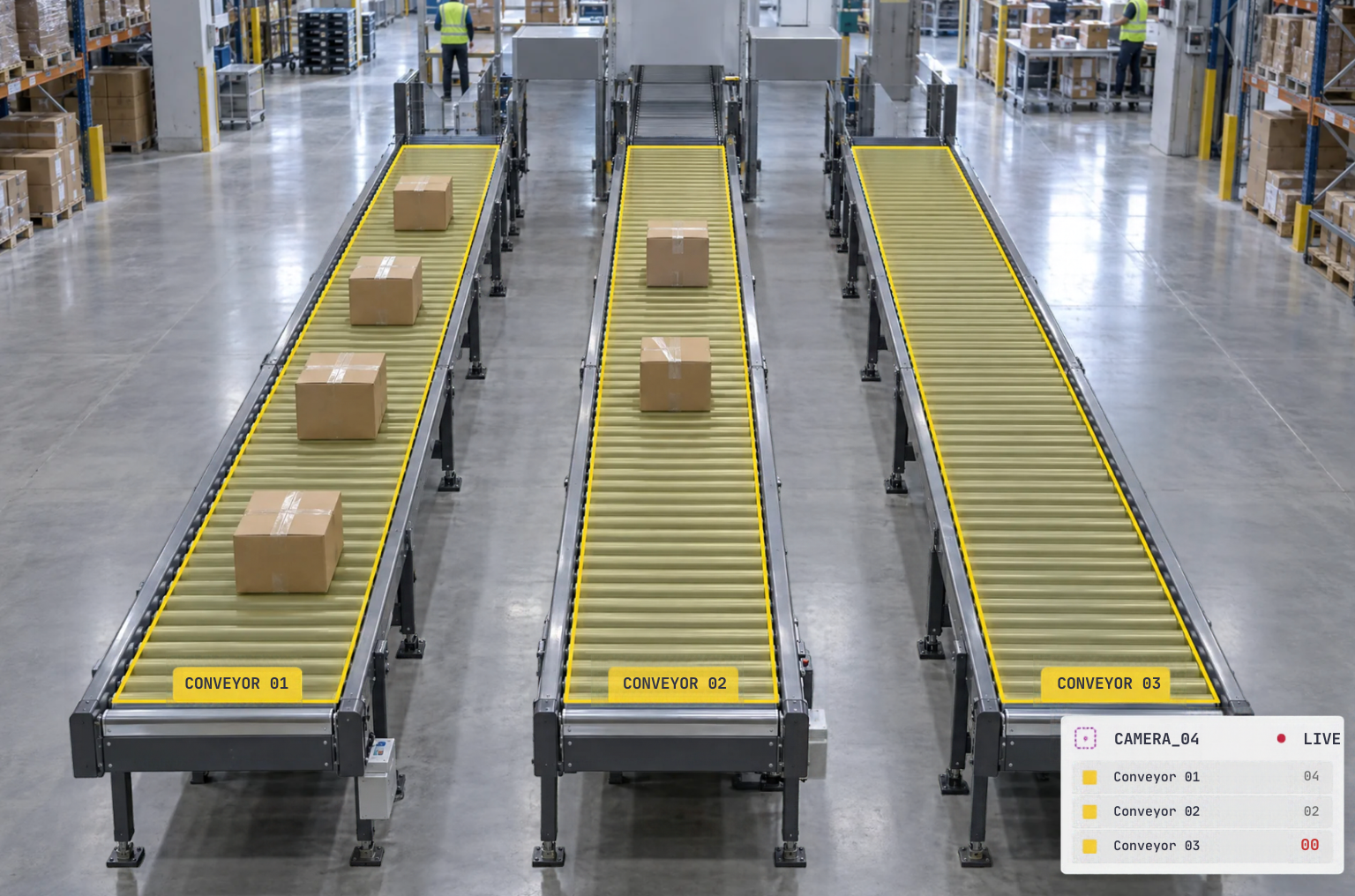 Three roller conveyors in a warehouse, two carrying cardboard boxes, overlaid with digital labels 'Conveyor 01', '02', '03' and live monitoring data.