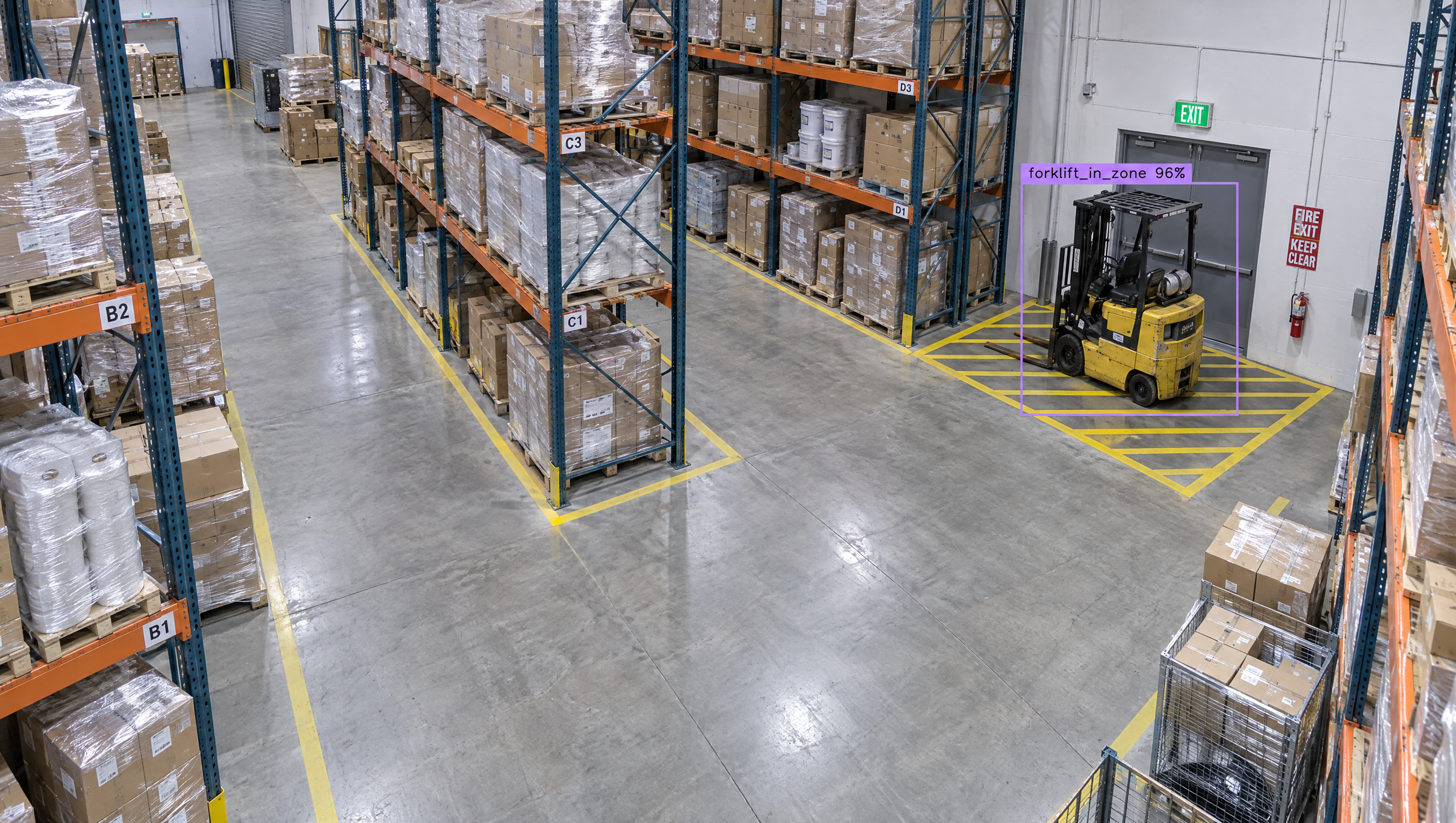 An AI detection system highlights a yellow forklift in a warehouse aisle with rows of stacked boxes.