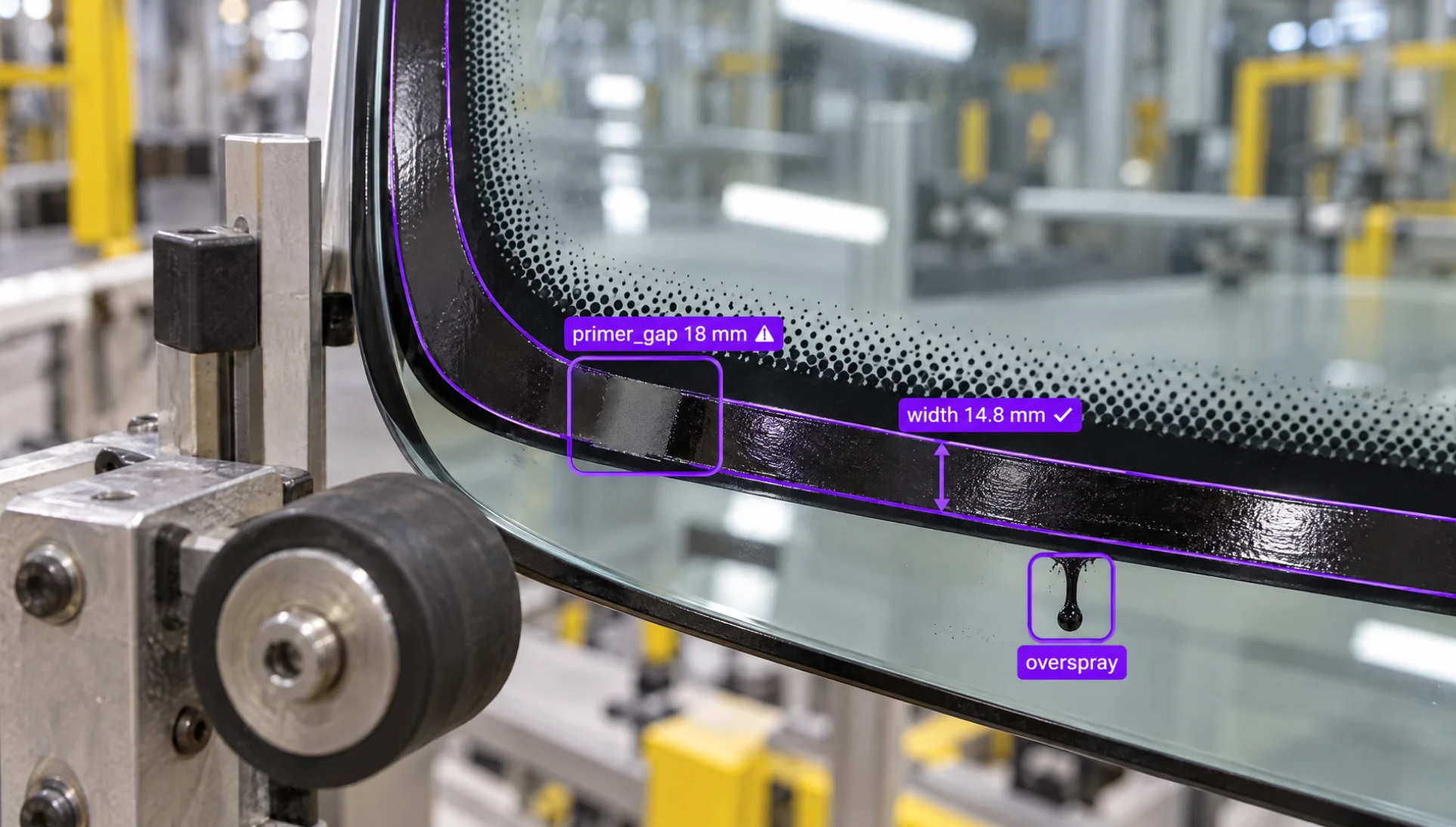 Automated quality inspection of a glass pane showing a primer gap, overspray, and width measurement with digital purple overlays.