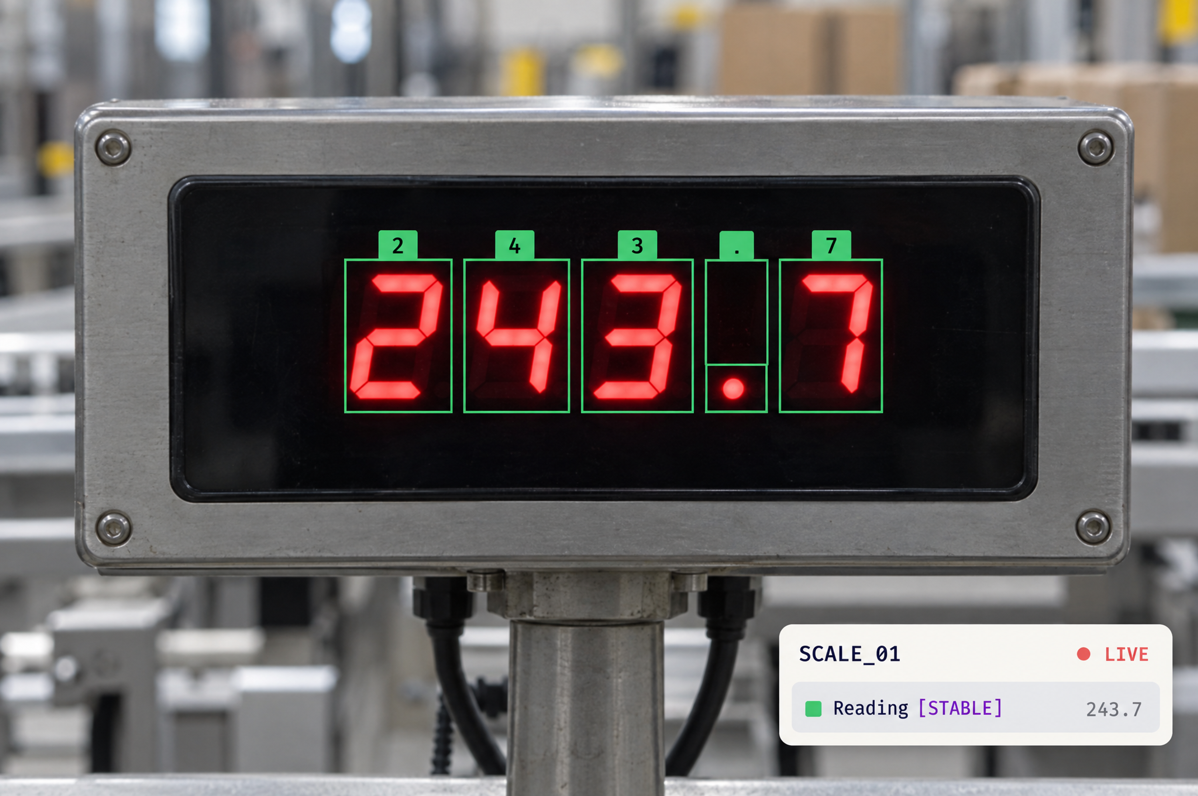 Digital scale displaying '243.7' with object detection bounding boxes on each digit.