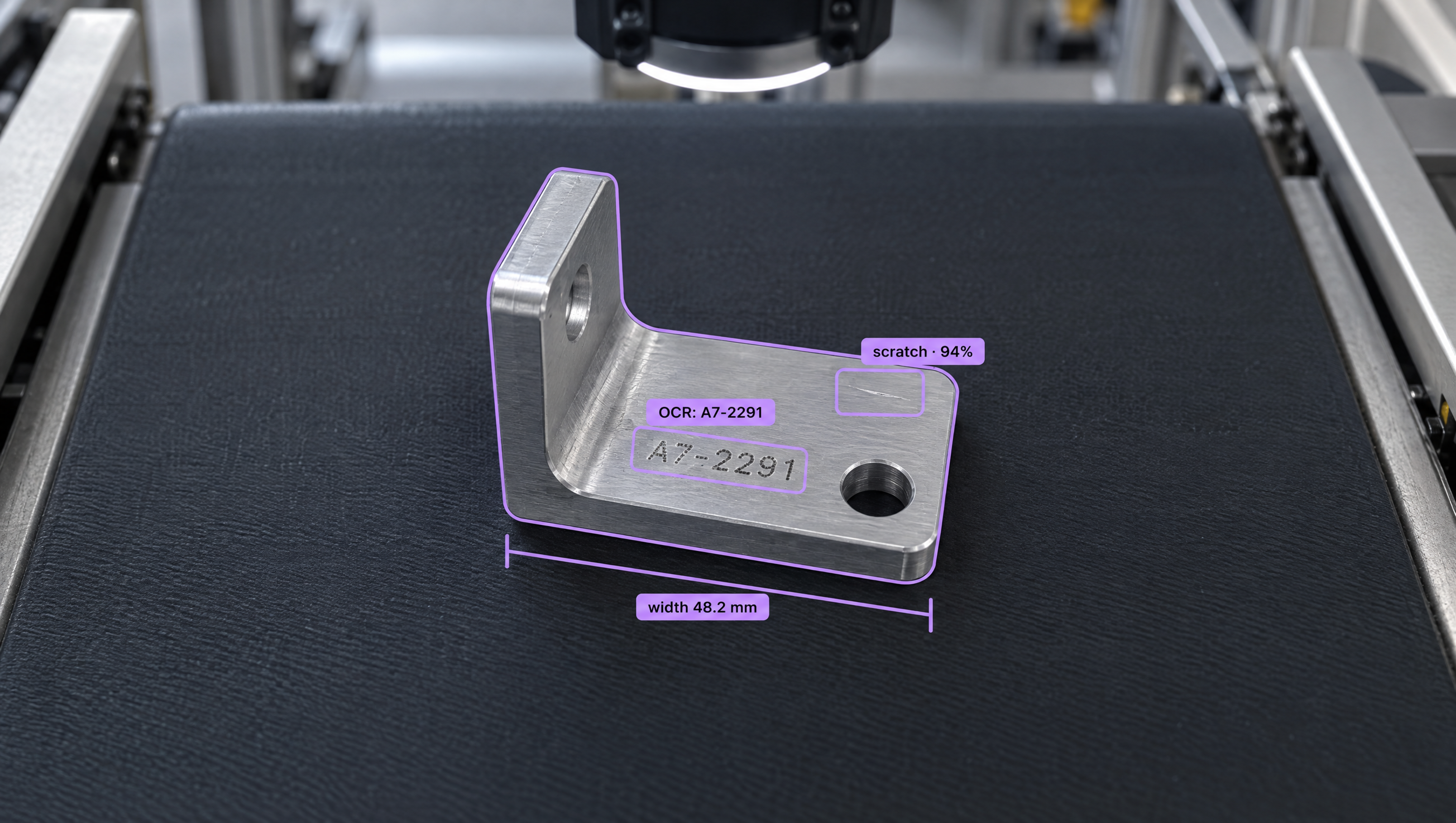 An L-shaped metal bracket on a conveyor belt with purple annotations showing OCR, width measurement, and a detected scratch.