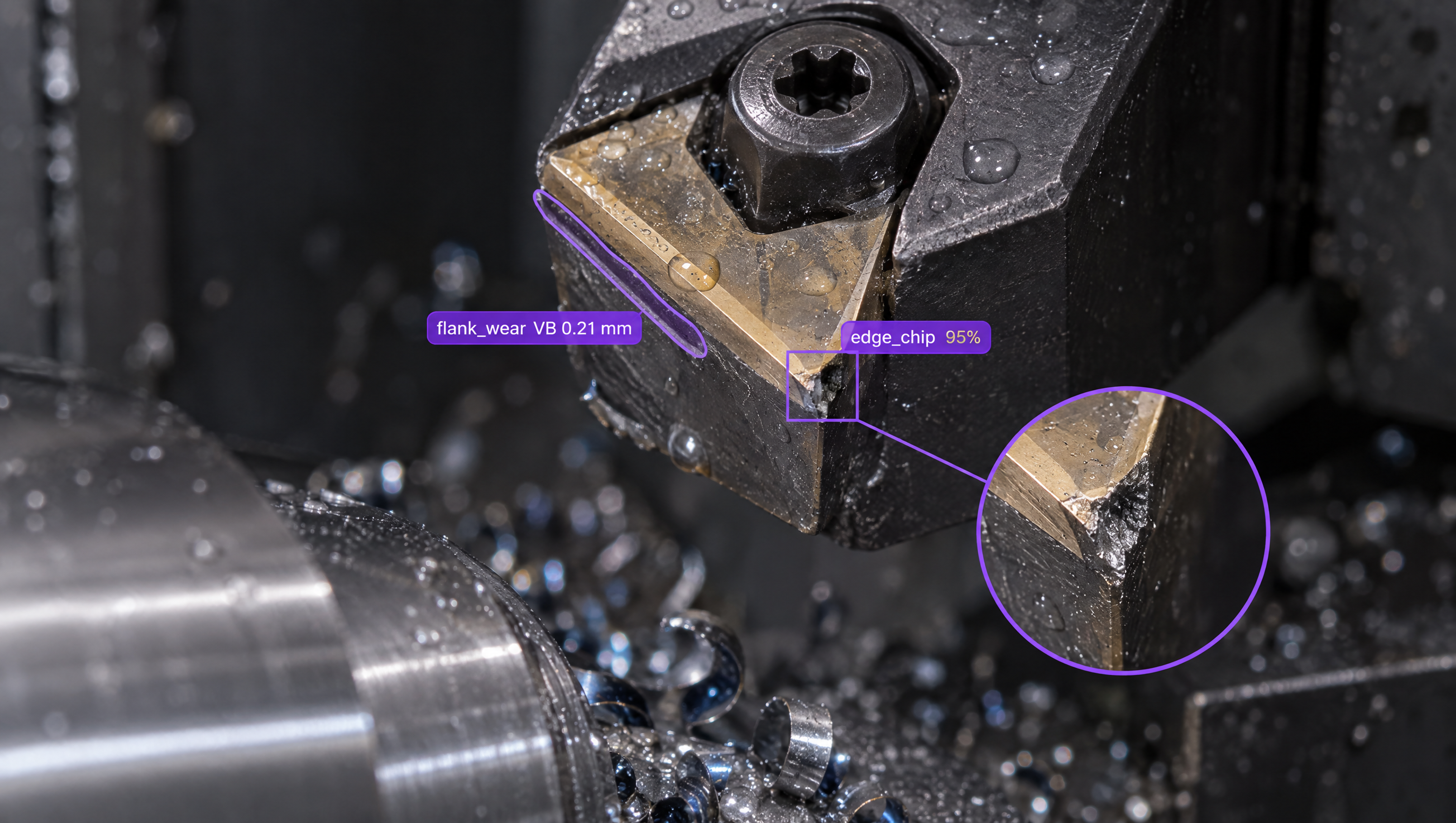 AI-annotated CNC cutting tool showing flank wear and an edge chip with a magnified view.