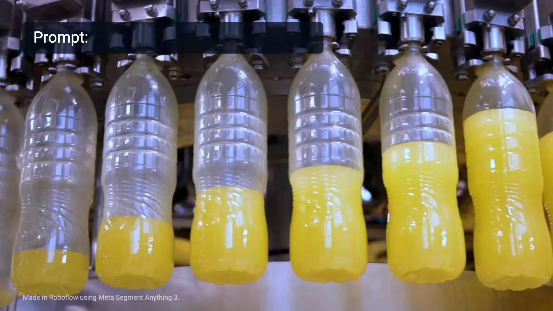 Juice bottles on a filling line, segmented with Meta Segment Anything 3 in Roboflow