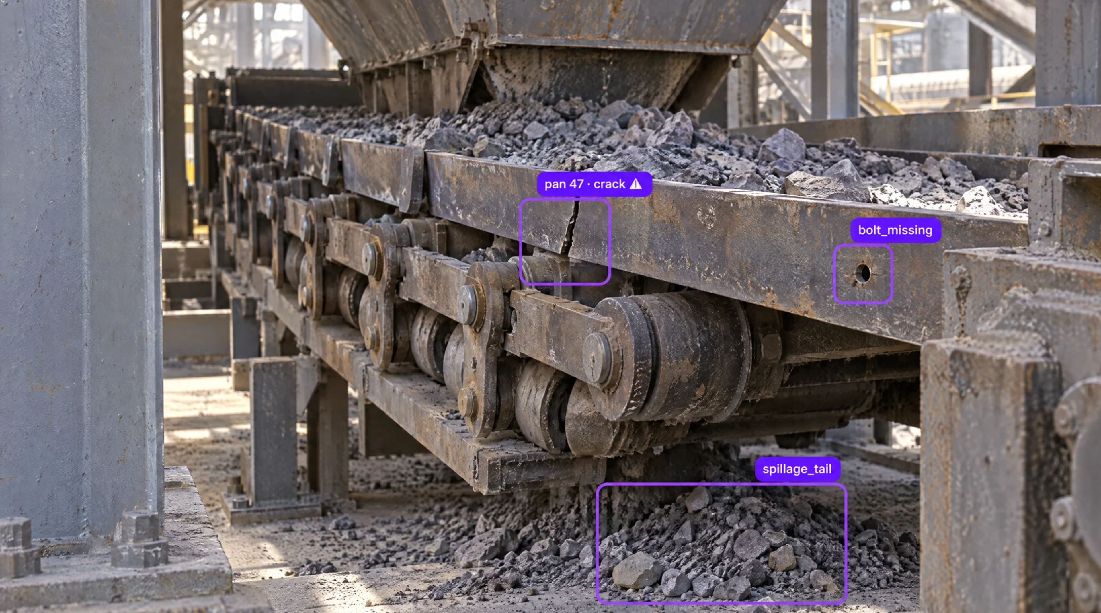 An industrial conveyor belt carrying ore, with AI annotations highlighting a crack, a missing bolt, and material spillage.