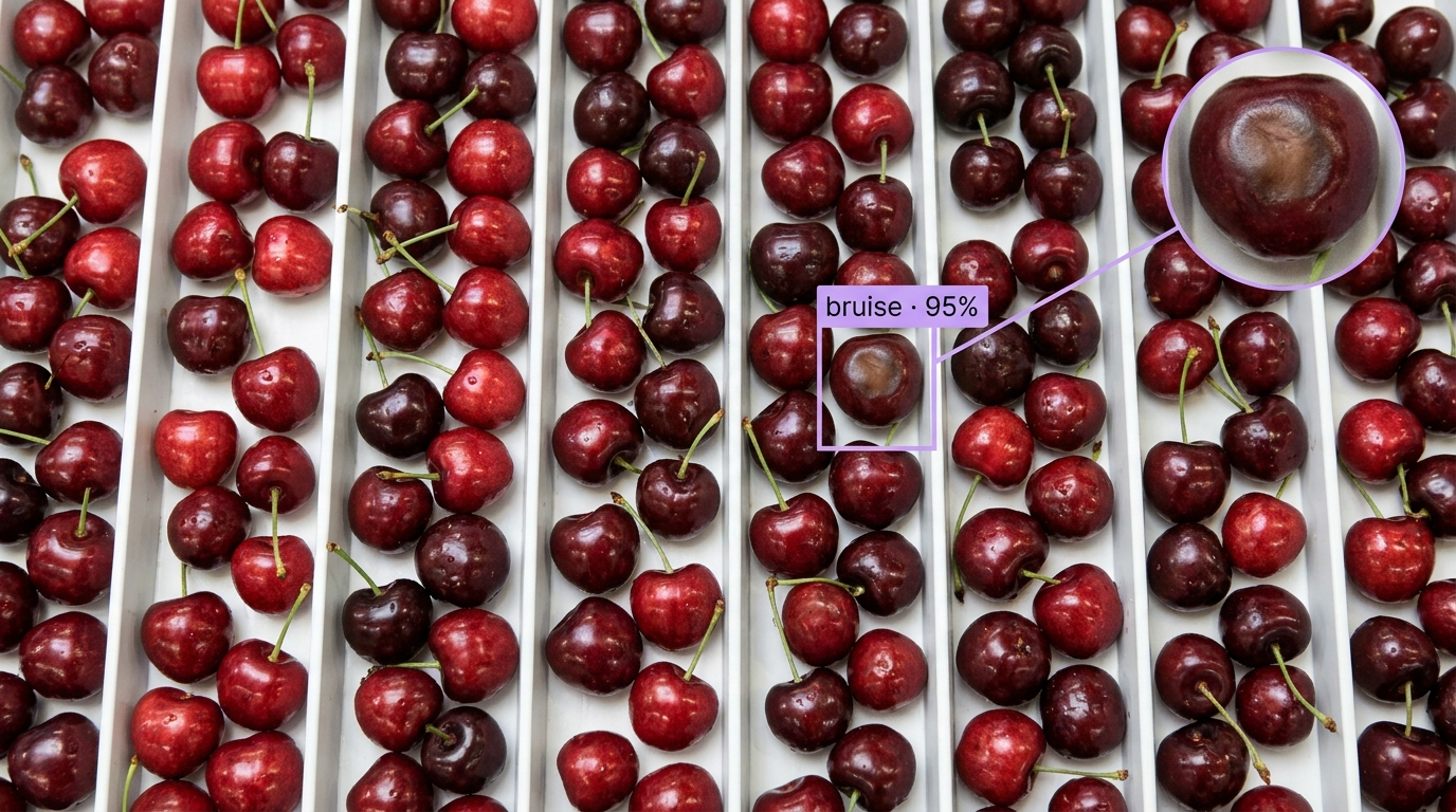 Rows of cherries in a tray, with AI highlighting one bruised cherry at 95% confidence and showing a magnified view of the bruise.