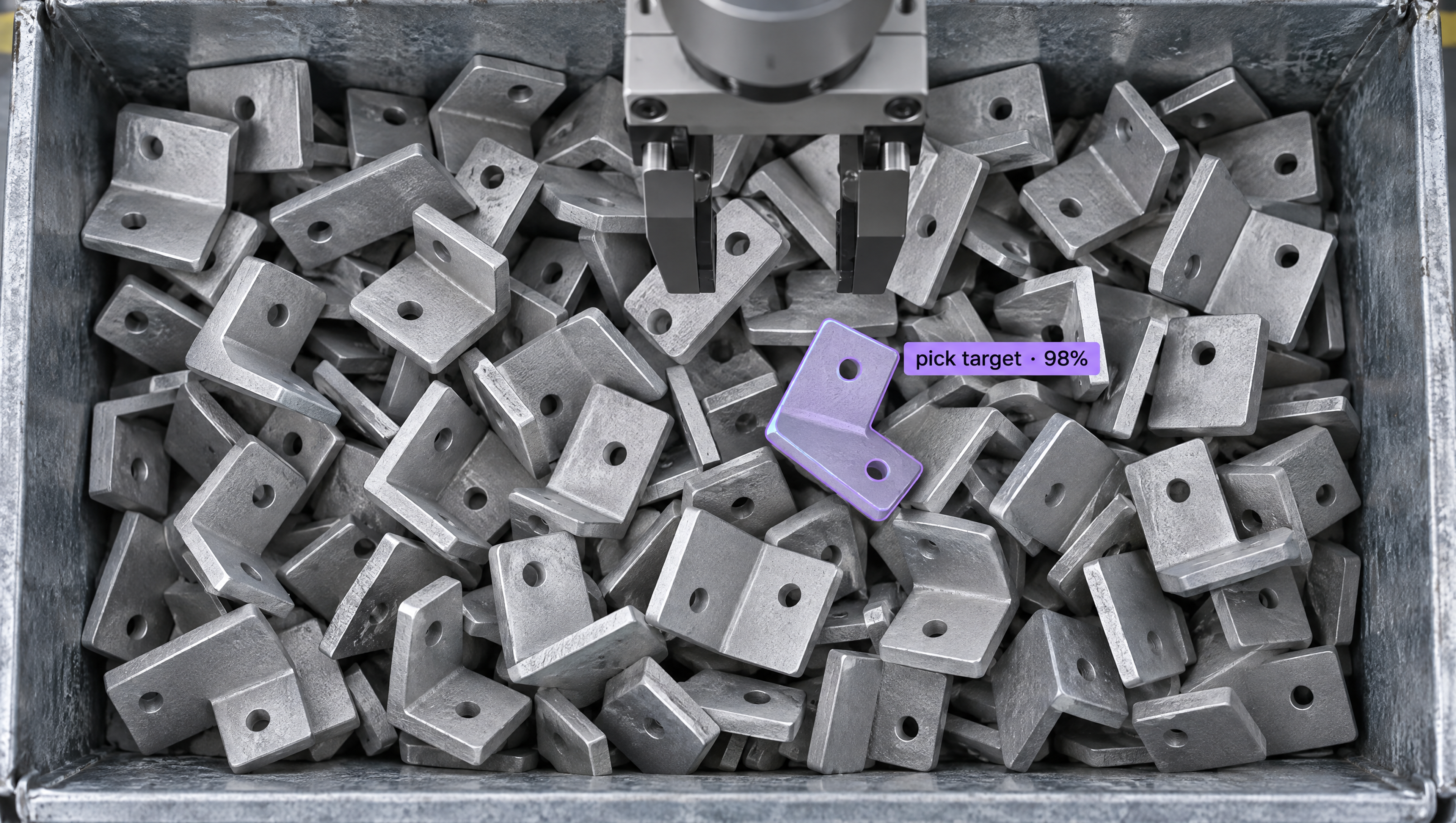 A robotic gripper positioned above a bin filled with L-shaped metal brackets, one highlighted in purple as a "pick target."