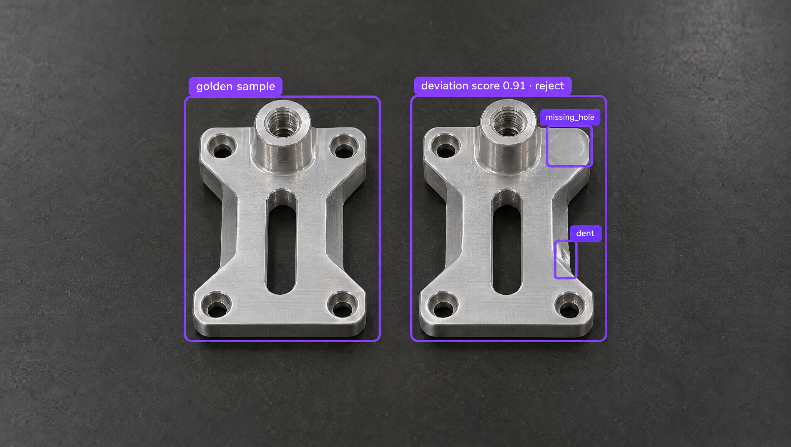 Automated quality inspection comparing a "golden sample" metal part to a "rejected" part highlighting a "missing hole" and a "dent".