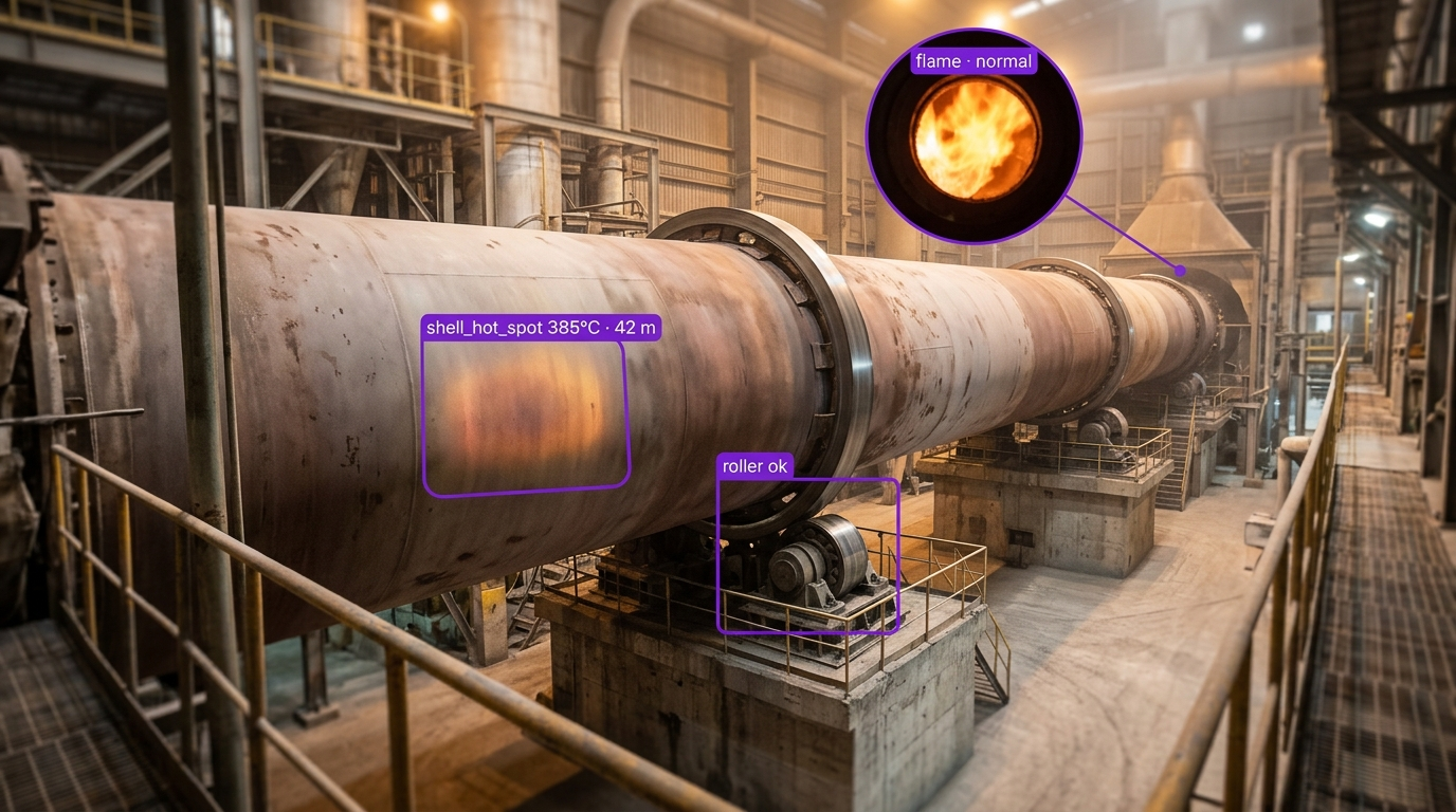 An industrial rotating kiln with AI monitoring displaying a 385°C shell hot spot, 'roller ok', and a 'normal' flame.