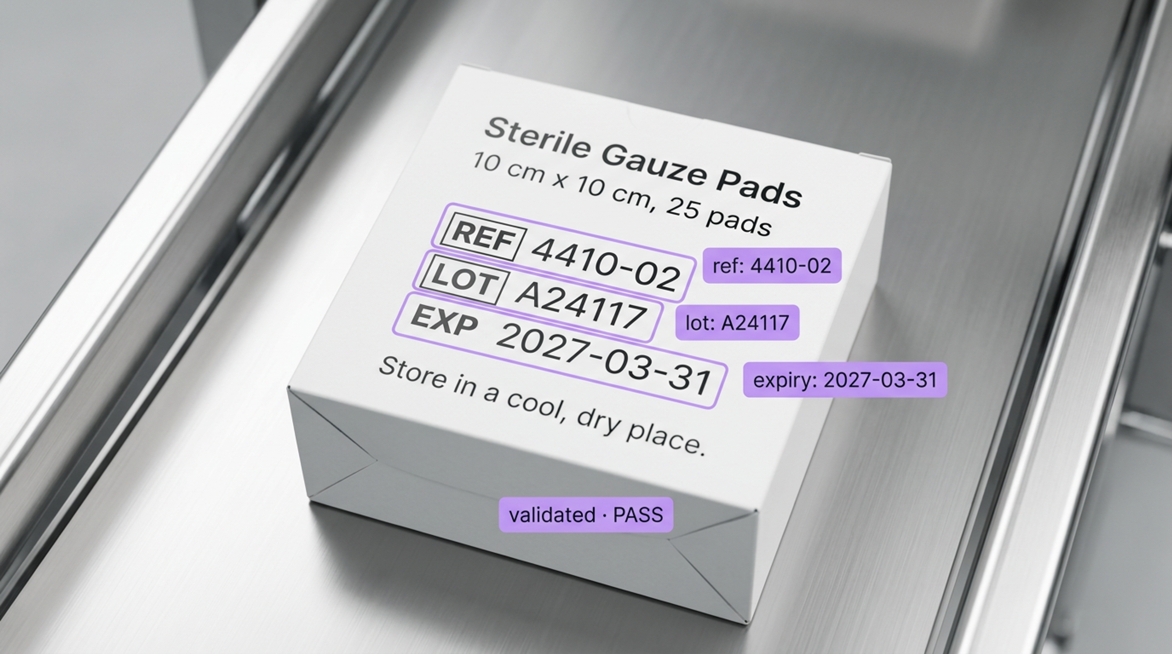 Automated text recognition highlights the reference, lot, and expiry date on a box of Sterile Gauze Pads, marked 'validated - PASS'.