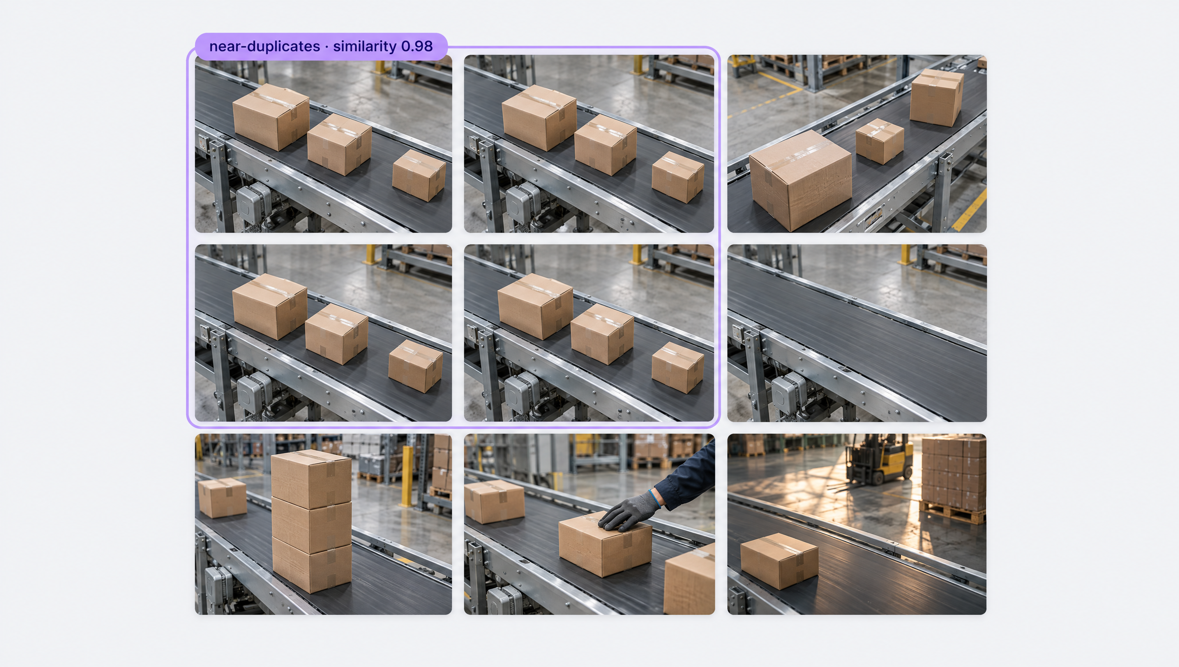 Grid of nine near-duplicate images showing cardboard boxes on conveyor belts in a warehouse setting.
