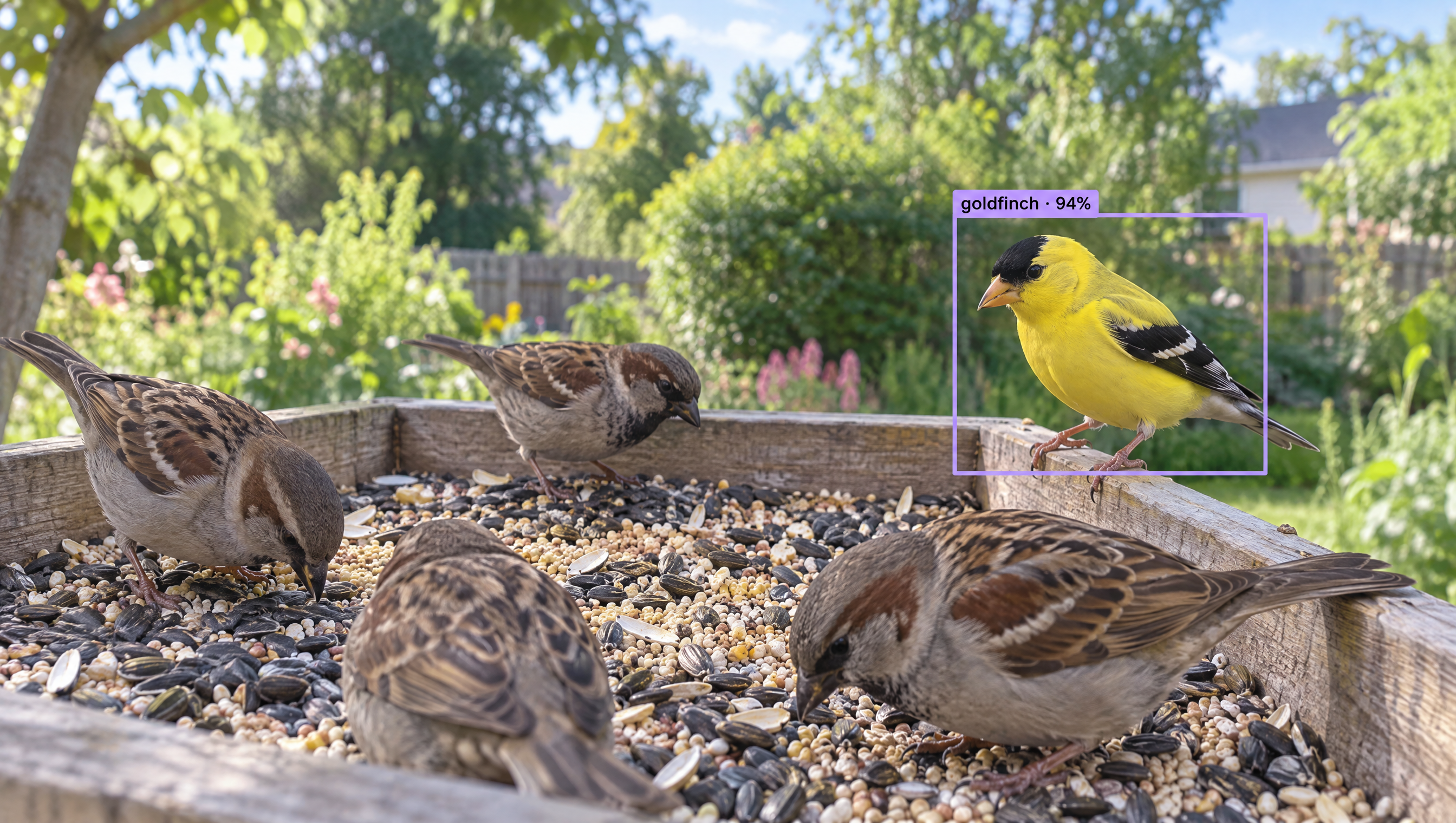 An AI-detected goldfinch and several sparrows feed from a bird feeder.