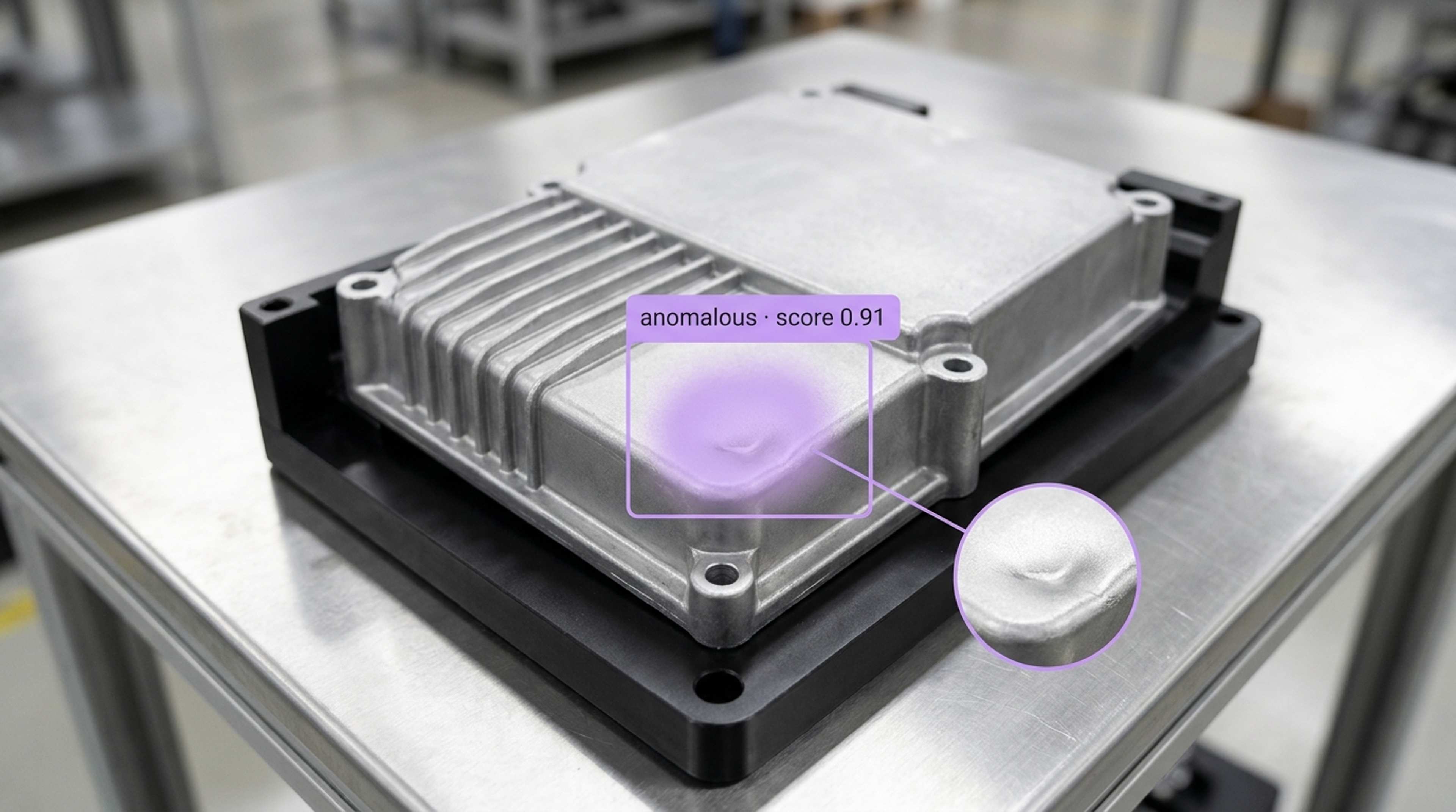 AI system highlights a dent on a silver industrial component with a purple overlay and magnified view.