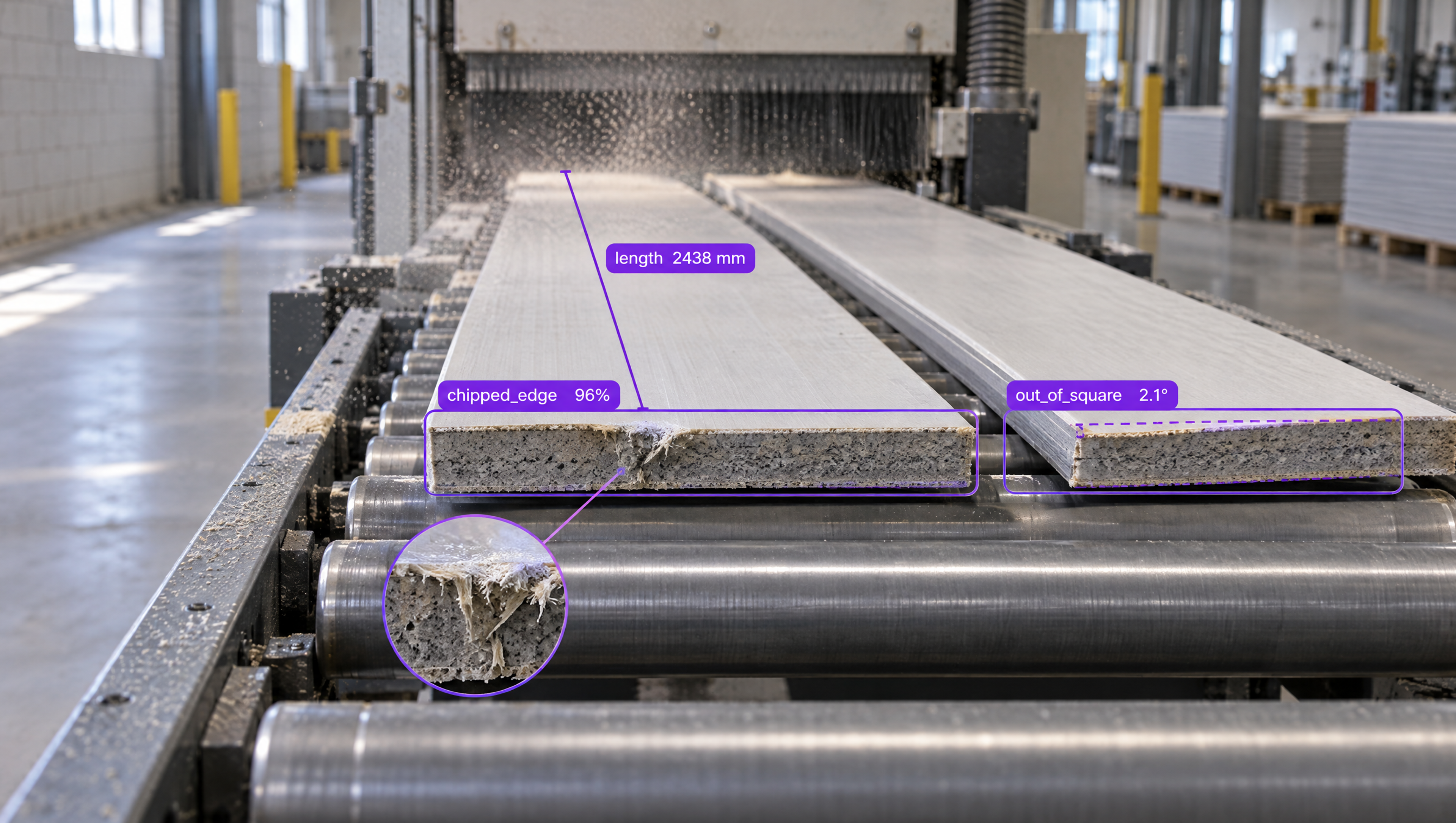 Two manufacturing boards on a conveyor belt with AI annotations highlighting a severe chipped edge (magnified view), a 2438mm length, and an out-of-square angle of 2.1 degrees.