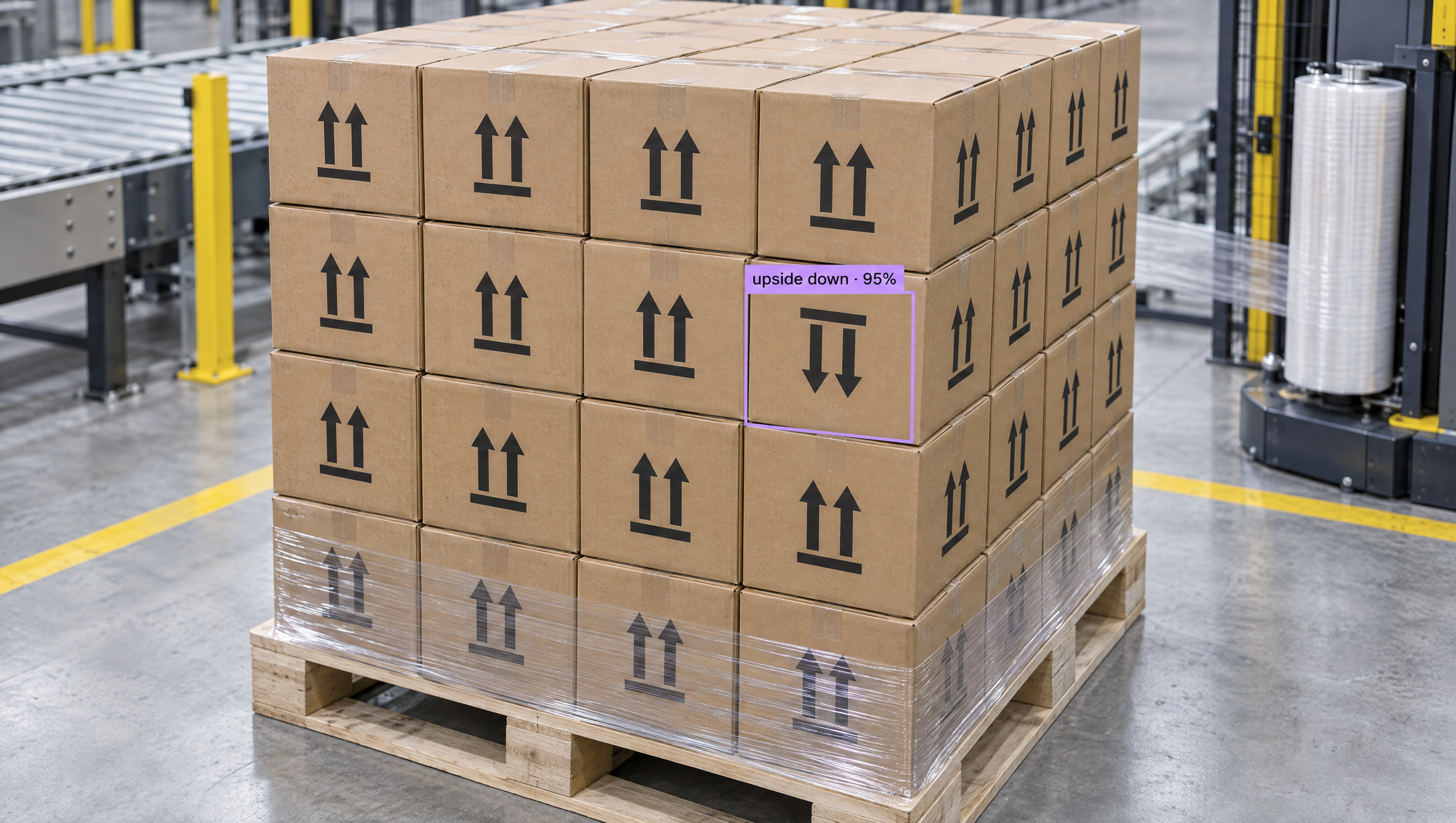 A pallet of cardboard boxes with "This Way Up" arrows, one box highlighted by AI as "upside down - 95%".
