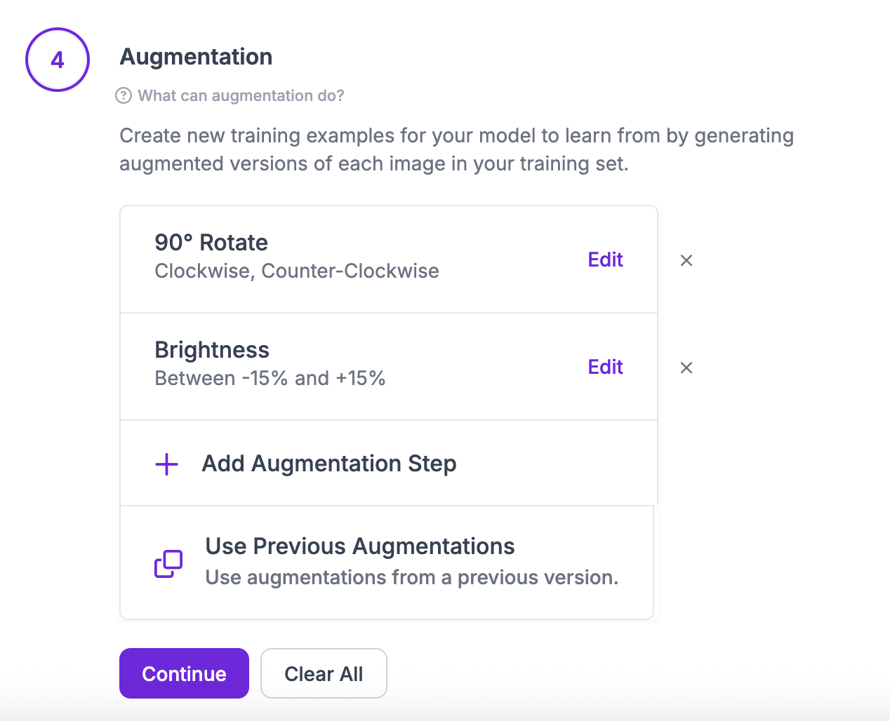 The augmentation step of a new dataset version, with 90° Rotate and Brightness added