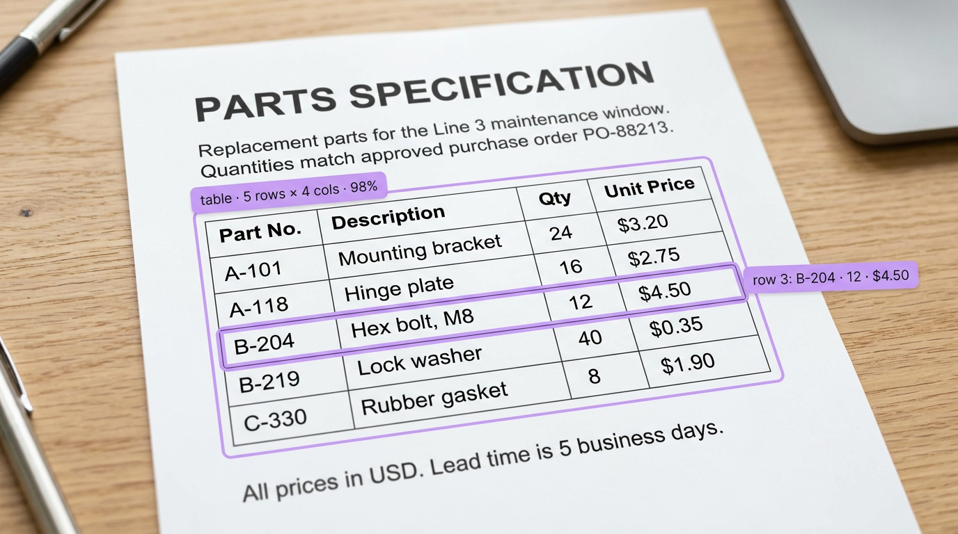 A "Parts Specification" document showing a table of parts with data extraction highlights on the "Hex bolt, M8" row.