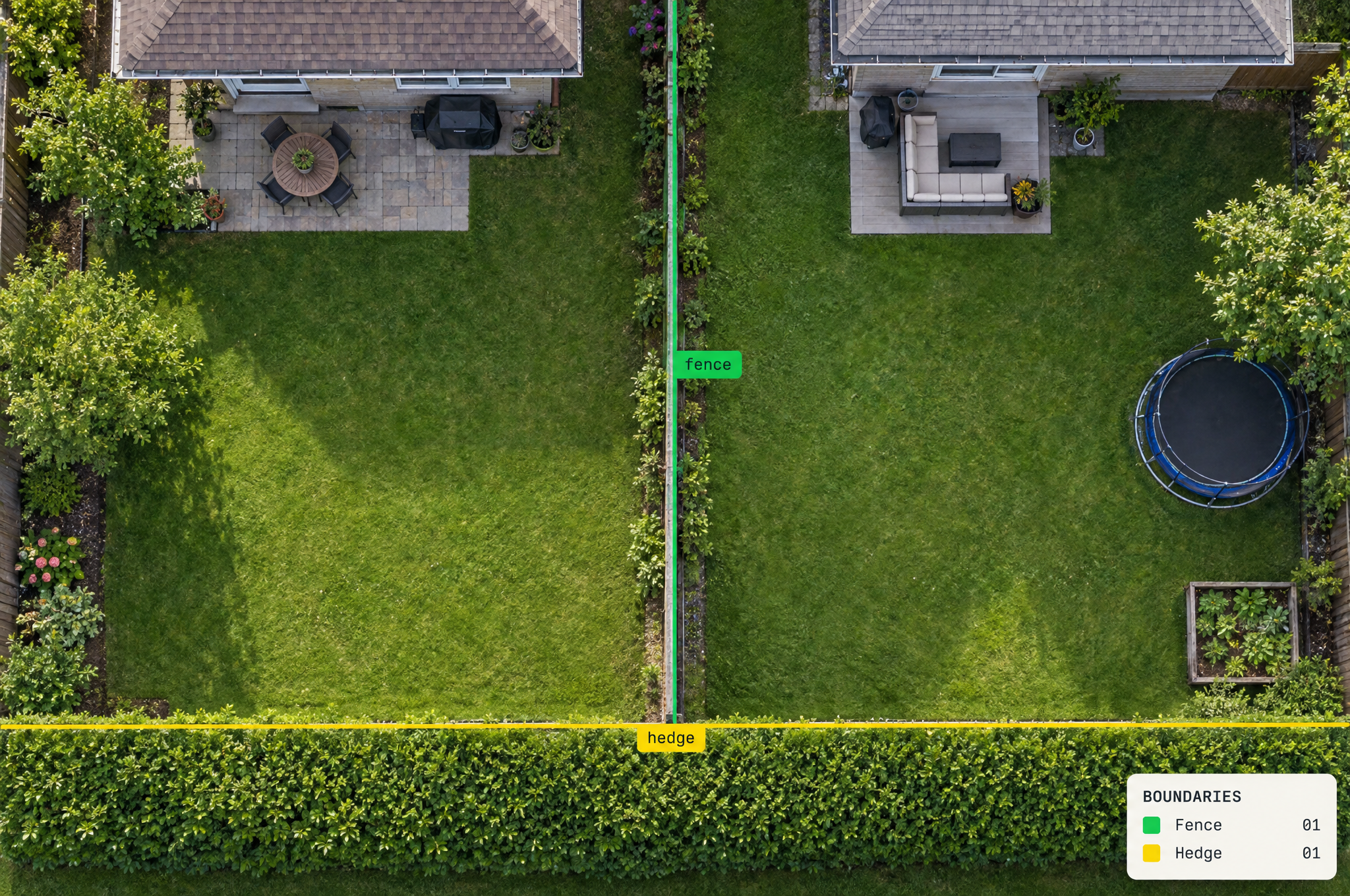 Aerial view of two adjacent backyards, with a fence highlighted in green and a hedge in yellow, marking property boundaries.