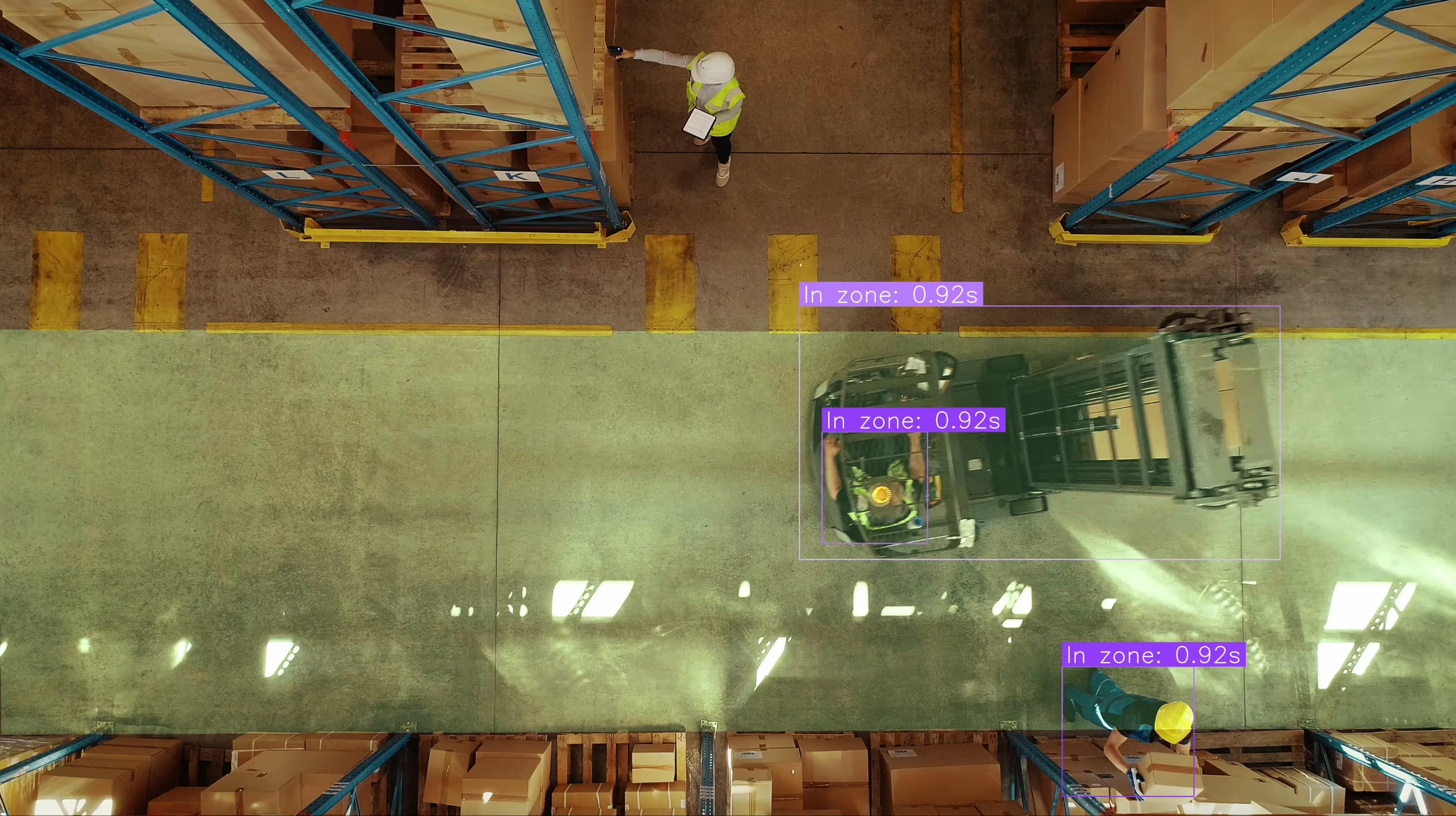 Overhead warehouse view tracking a forklift and workers inside a zone
