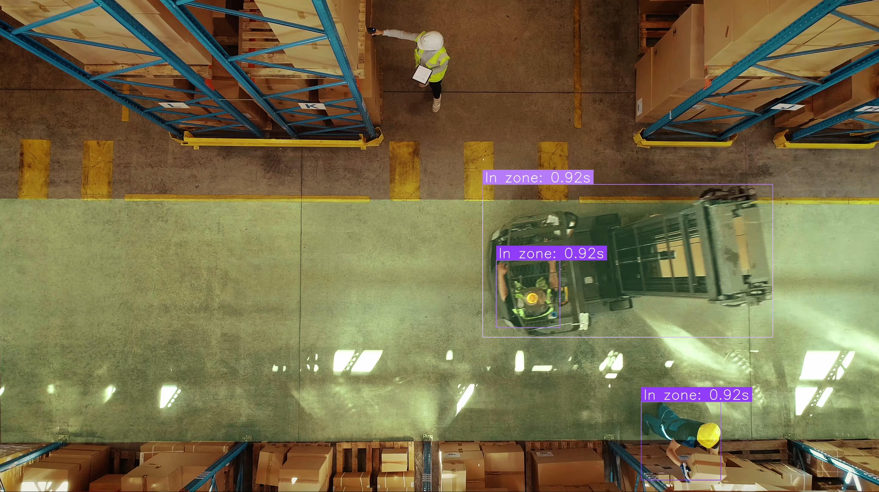 Overhead warehouse view tracking a forklift and workers inside a zone