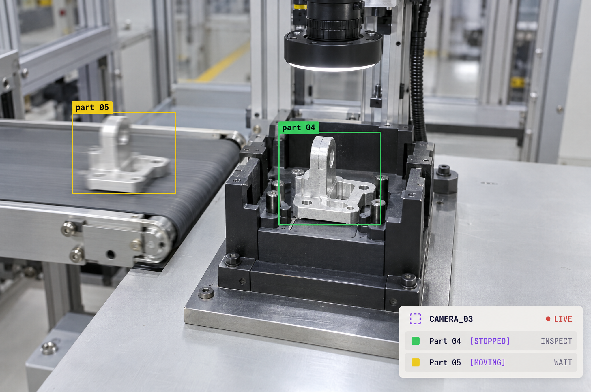 Automated factory inspection system showing metal parts on a conveyor belt and under a camera, with real-time status overlays.