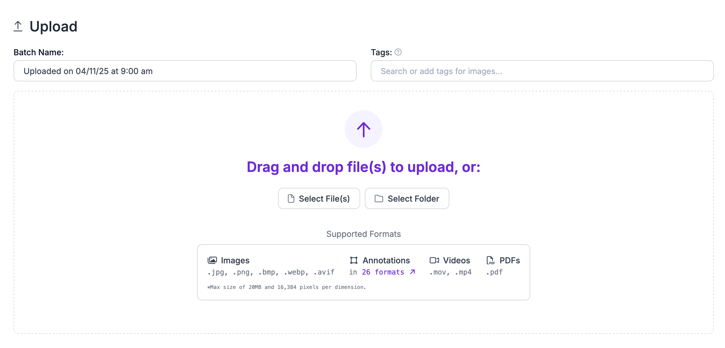 Roboflow's upload page, with a drag-and-drop area for images, annotations, videos and PDFs