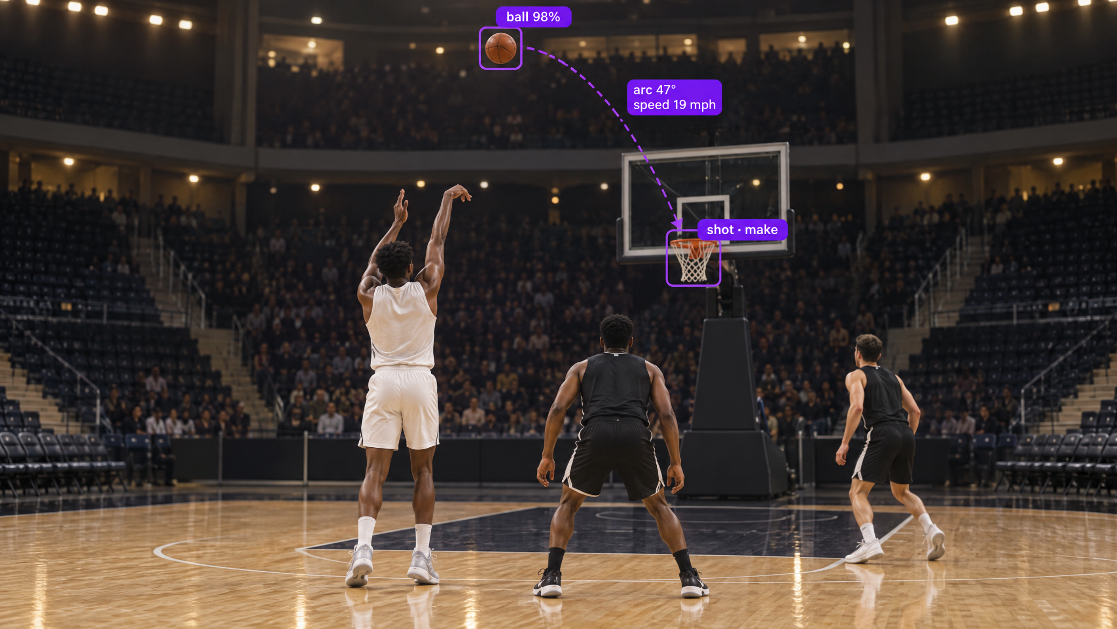 A basketball player shoots a ball, with digital labels showing its trajectory (arc, speed) and a "shot-make" indication.