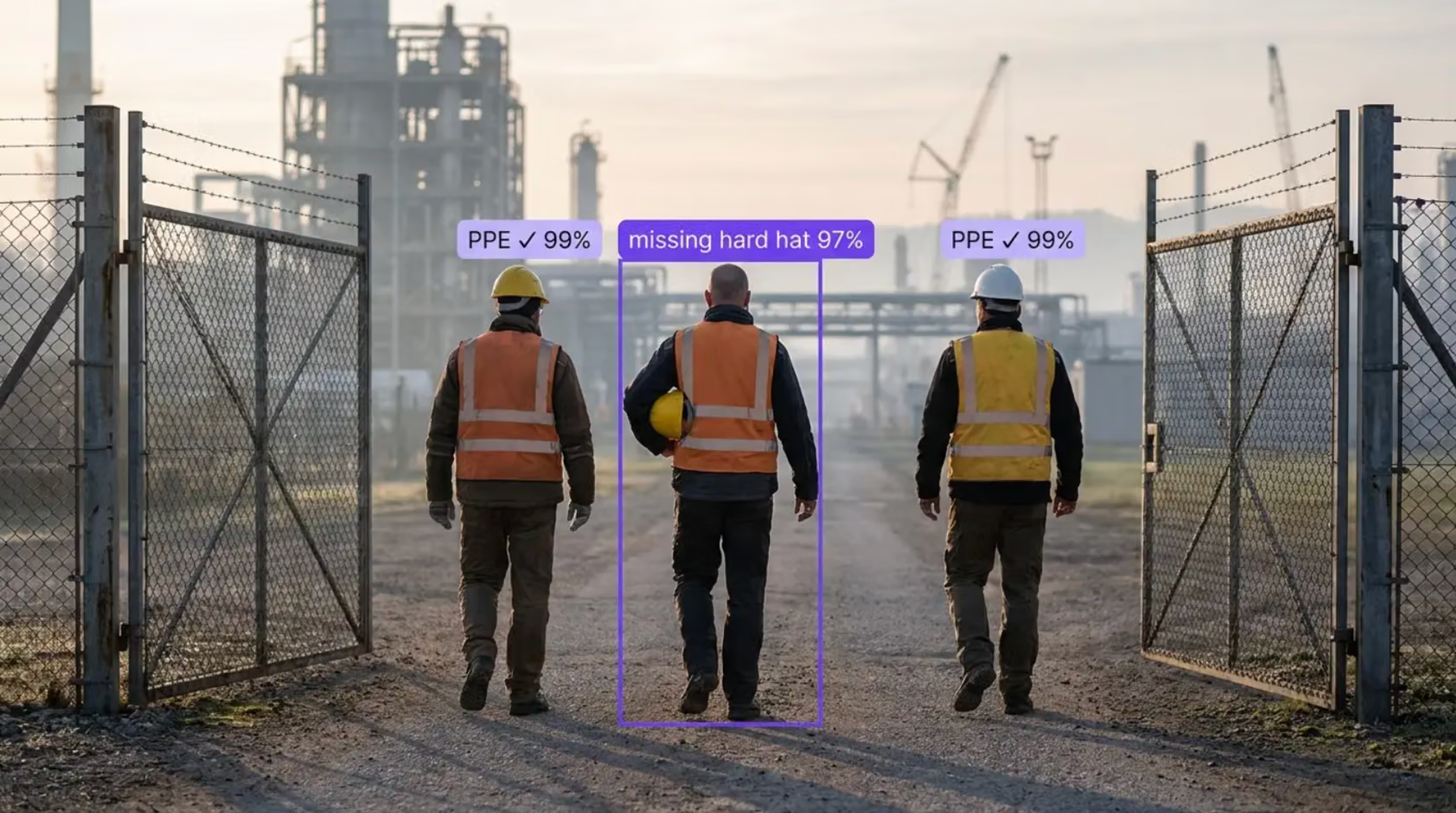 AI system detecting a worker missing a hard hat at an industrial site, while two others wear full PPE.