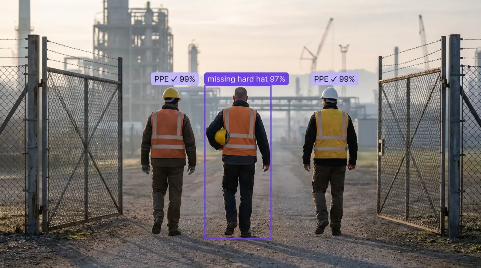 AI system detecting a worker missing a hard hat at an industrial site, while two others wear full PPE.