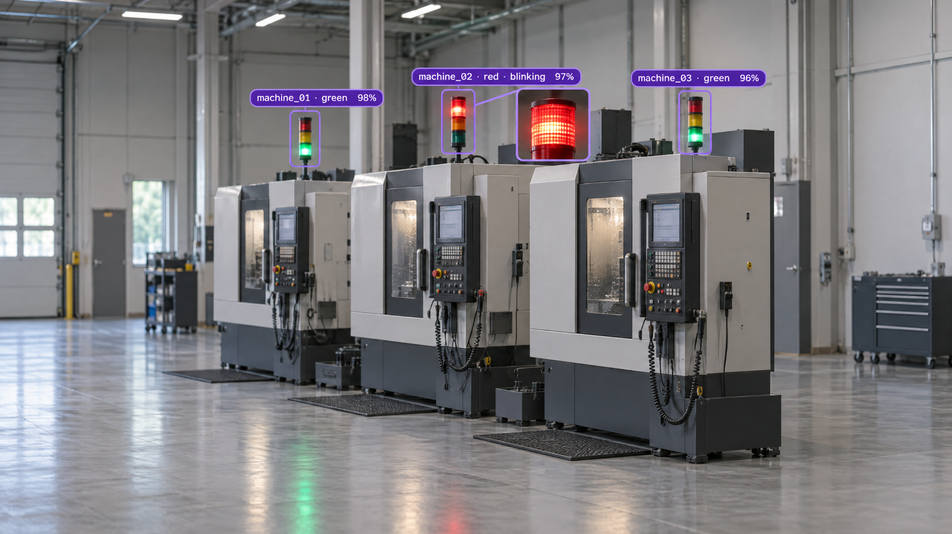 AI object detection labels the status lights of three factory machines: two green and one blinking red.