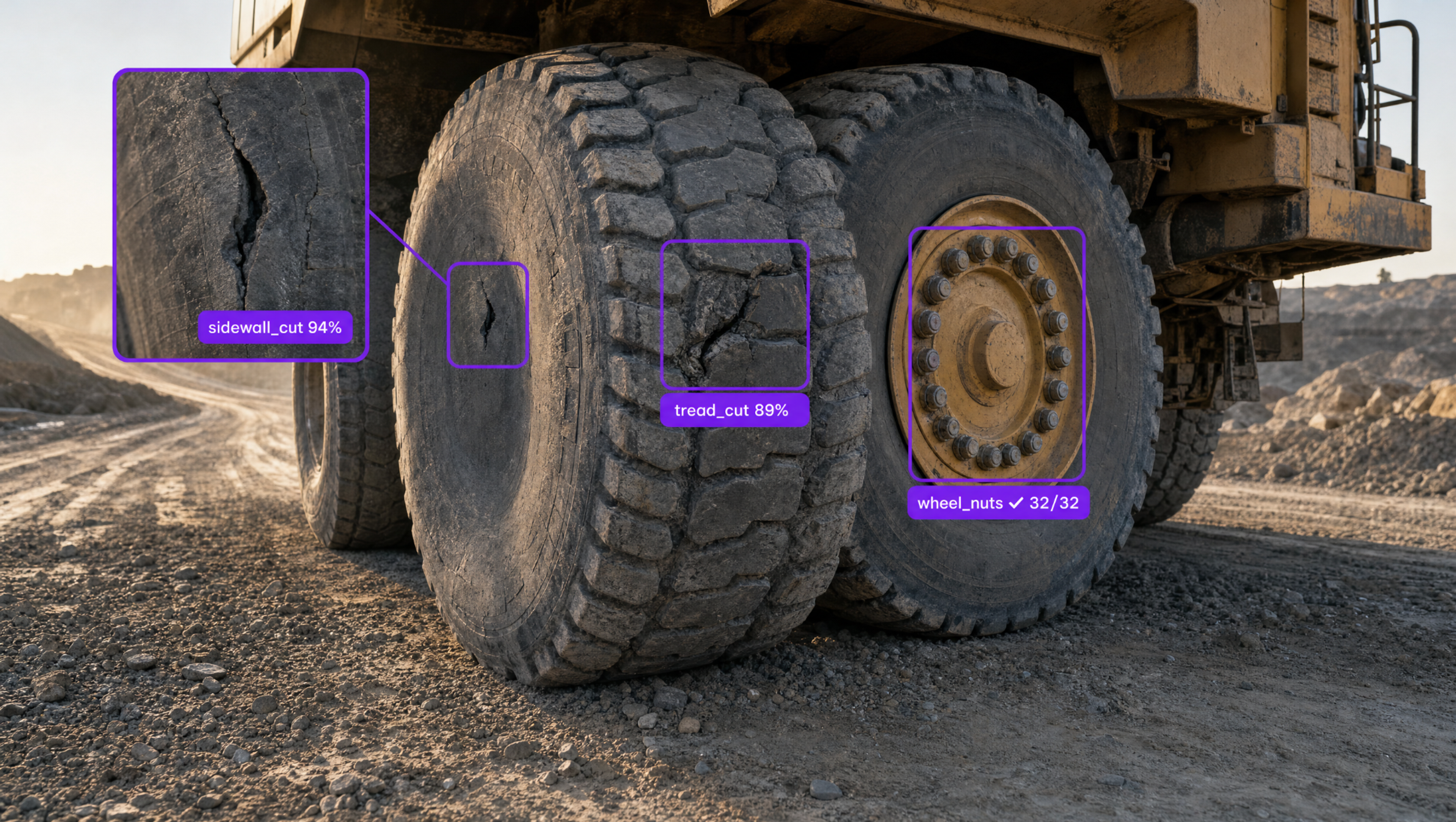 AI system analyzing large mining truck tires, identifying sidewall and tread cuts, and counting wheel nuts.