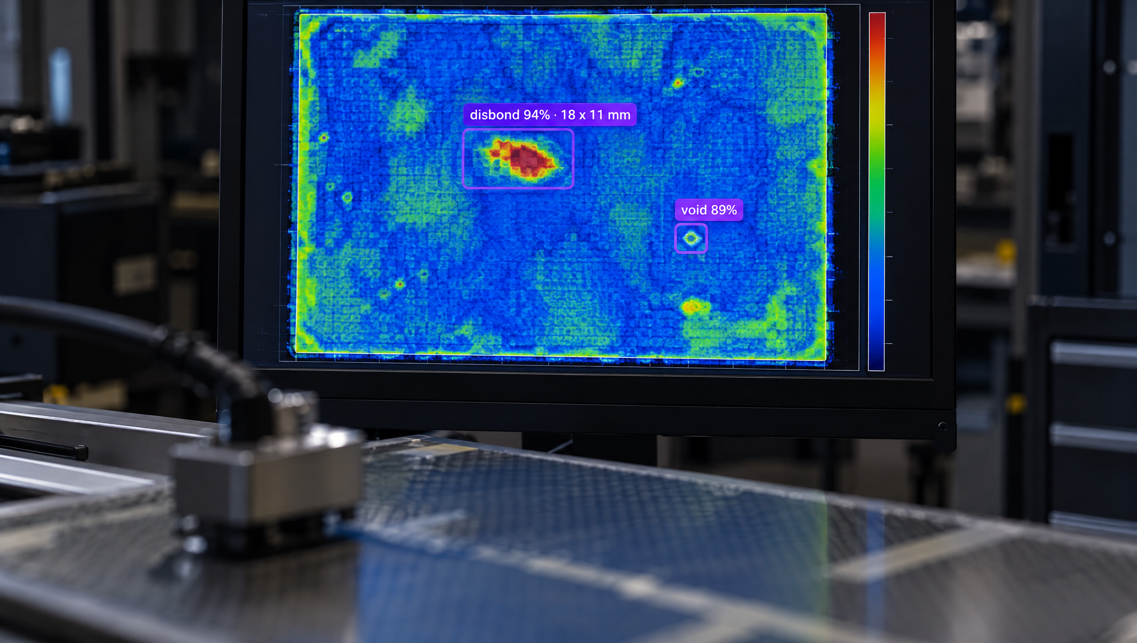 An inspection system showing a probe over a material, with a monitor displaying a color-coded heatmap of defects labeled "disbond" and "void."