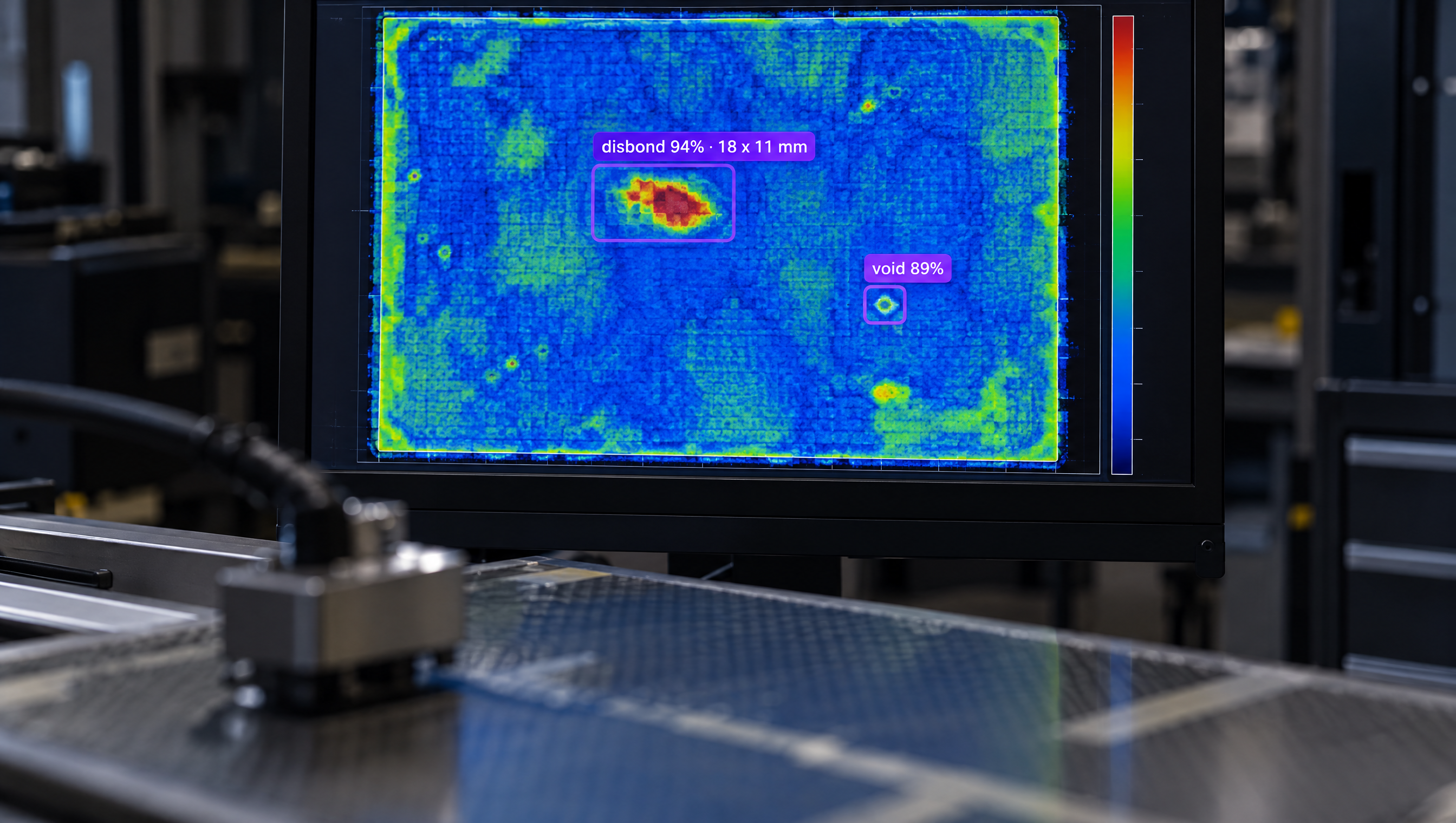 An inspection system showing a probe over a material, with a monitor displaying a color-coded heatmap of defects labeled "disbond" and "void."