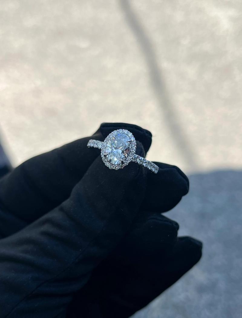 Oval Diamond Halo Engagement Ring with Pave Band