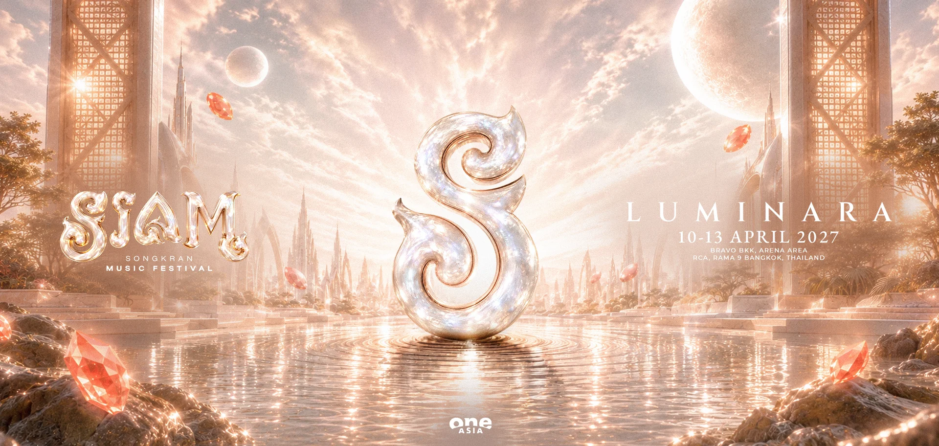 SIAM Songkran Music Festival — Luminara, 10–13 April 2027 at Bravo BKK, Arena Area, RCA, Rama 9, Bangkok. Final pearl-and-gold festival artwork.