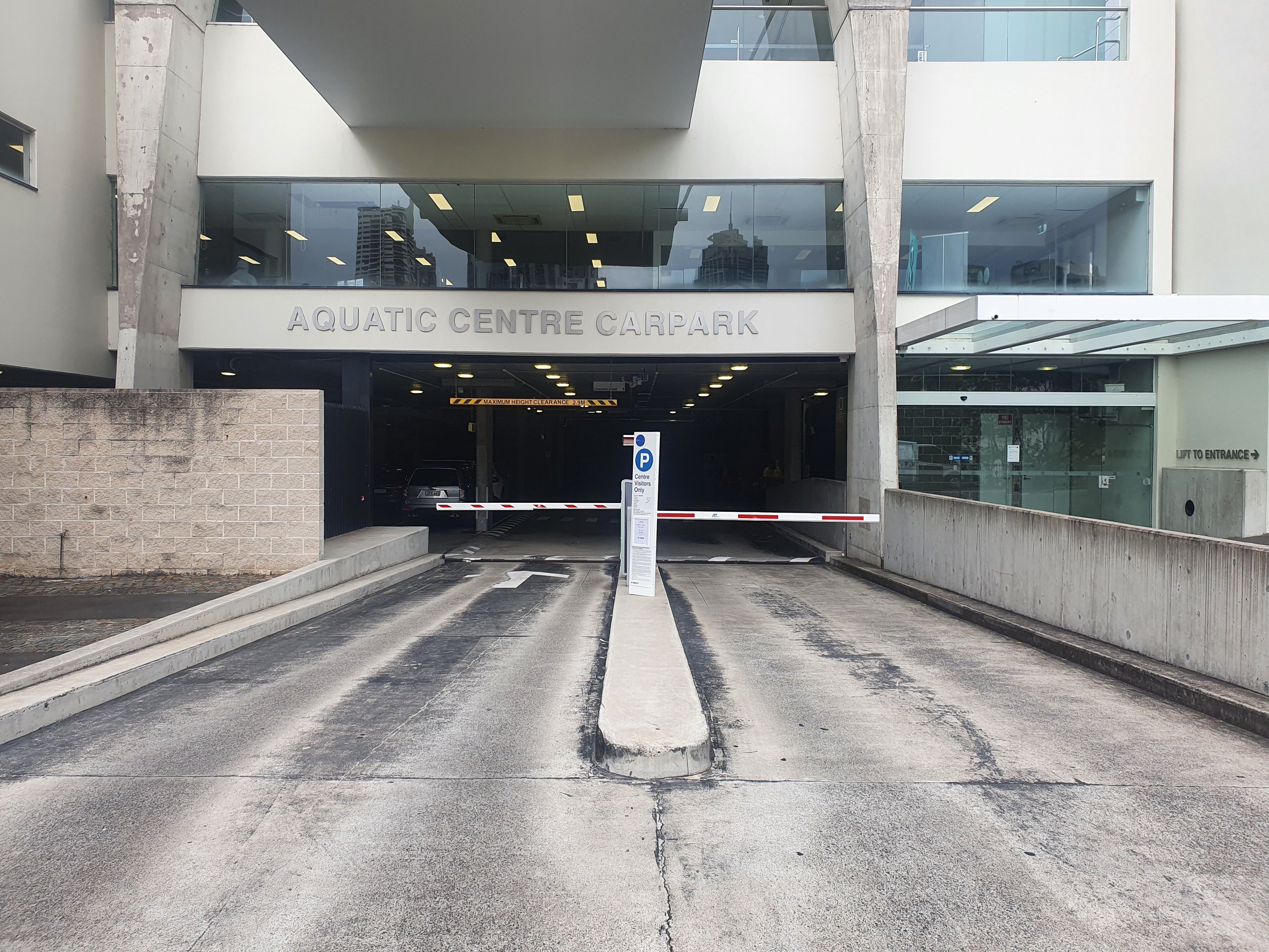 The entrance to the carpark at Ian Thorpe Aquatic Centre