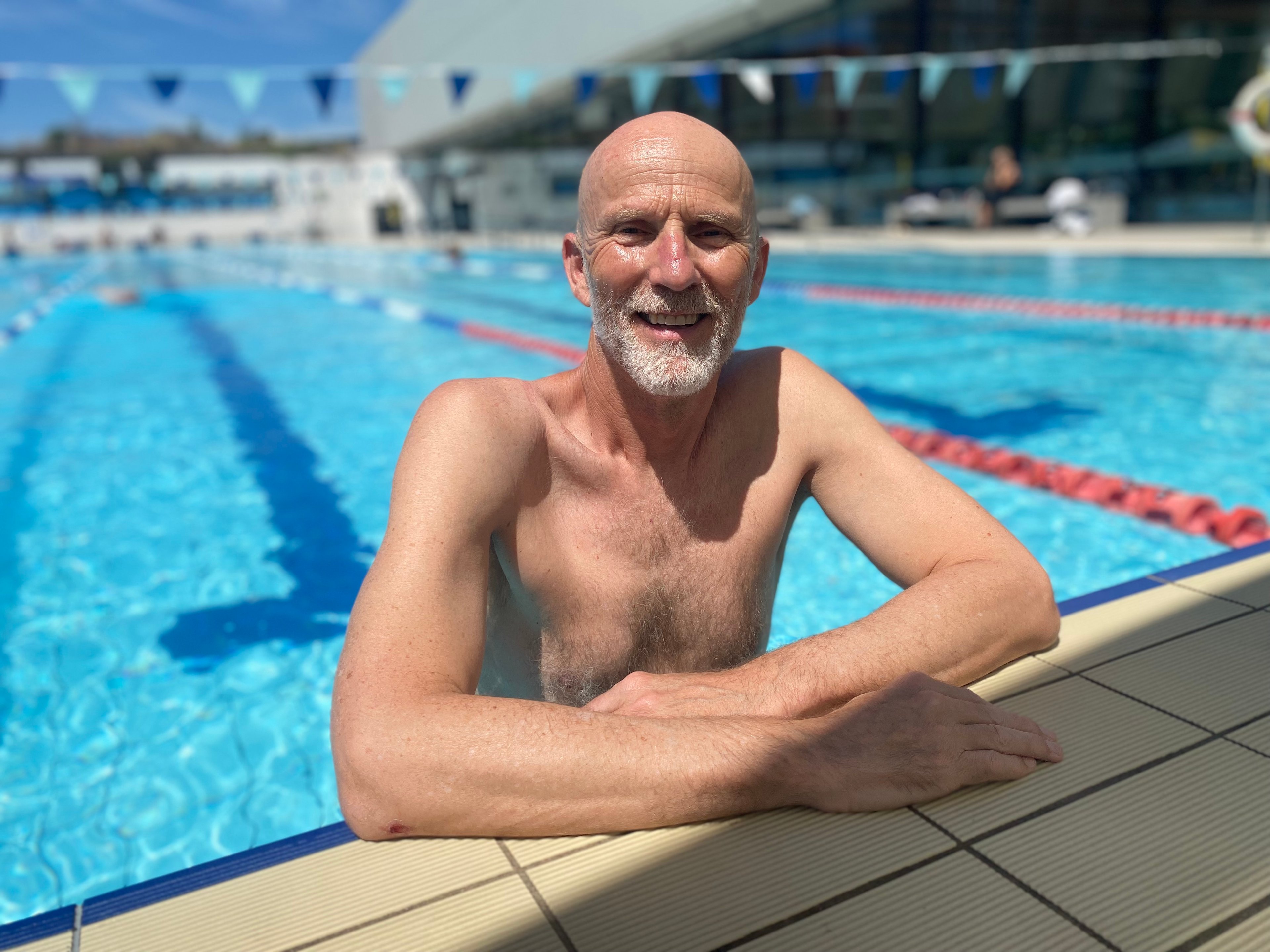 360 member Neal in the outdoor pool at Gunyama Park Aquatic and Recreation Centre