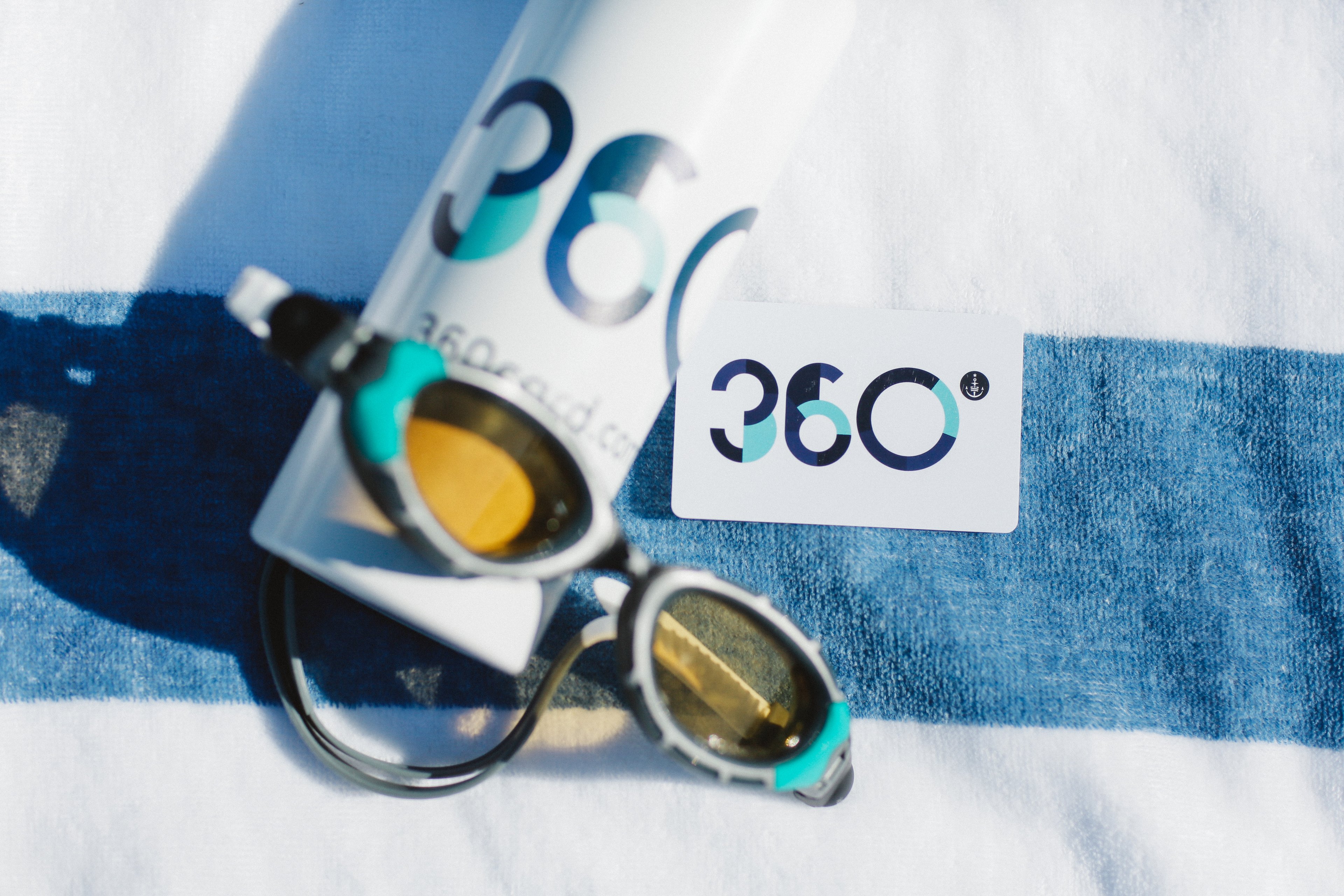 Goggles and 360 branded water bottle, towel and member card