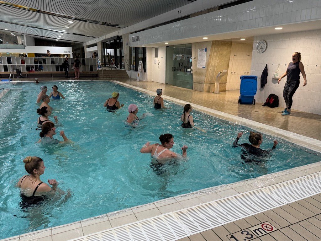Participants during a Ukrainian aqua class being held by an instructor at Ian Thorpe Aquatic Centre