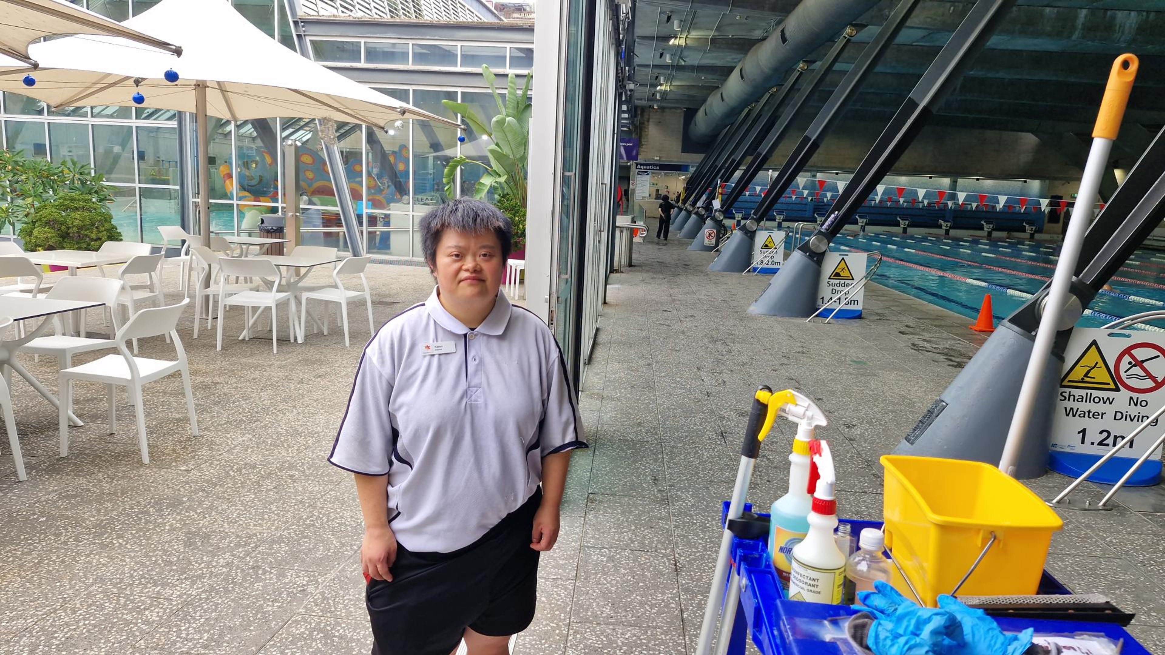 Long term employee Karen working at Cook + Phillip Park Pool